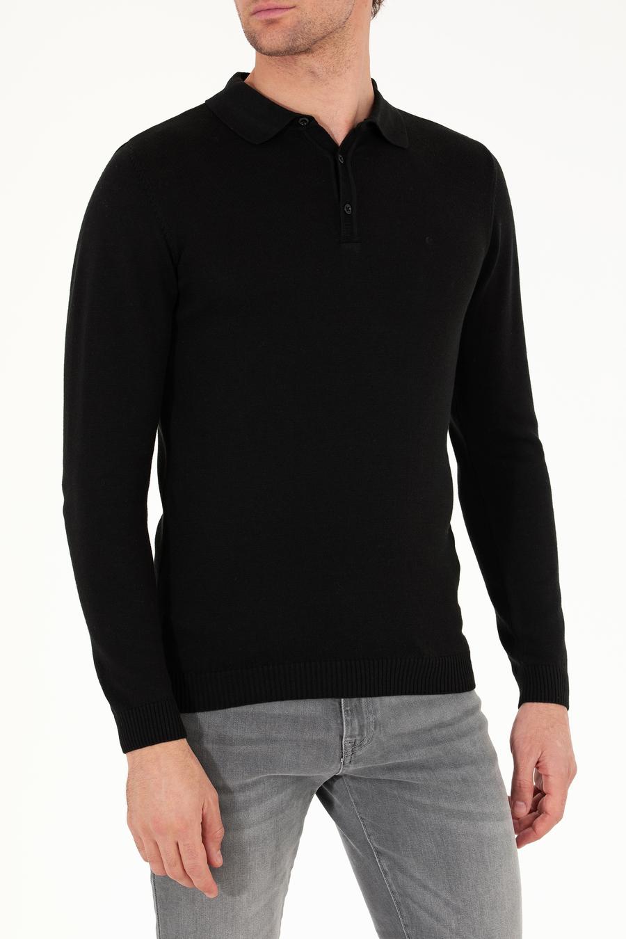 Siyah Slim Fit Polo Yaka Basic Triko Kazak - 50257384004
