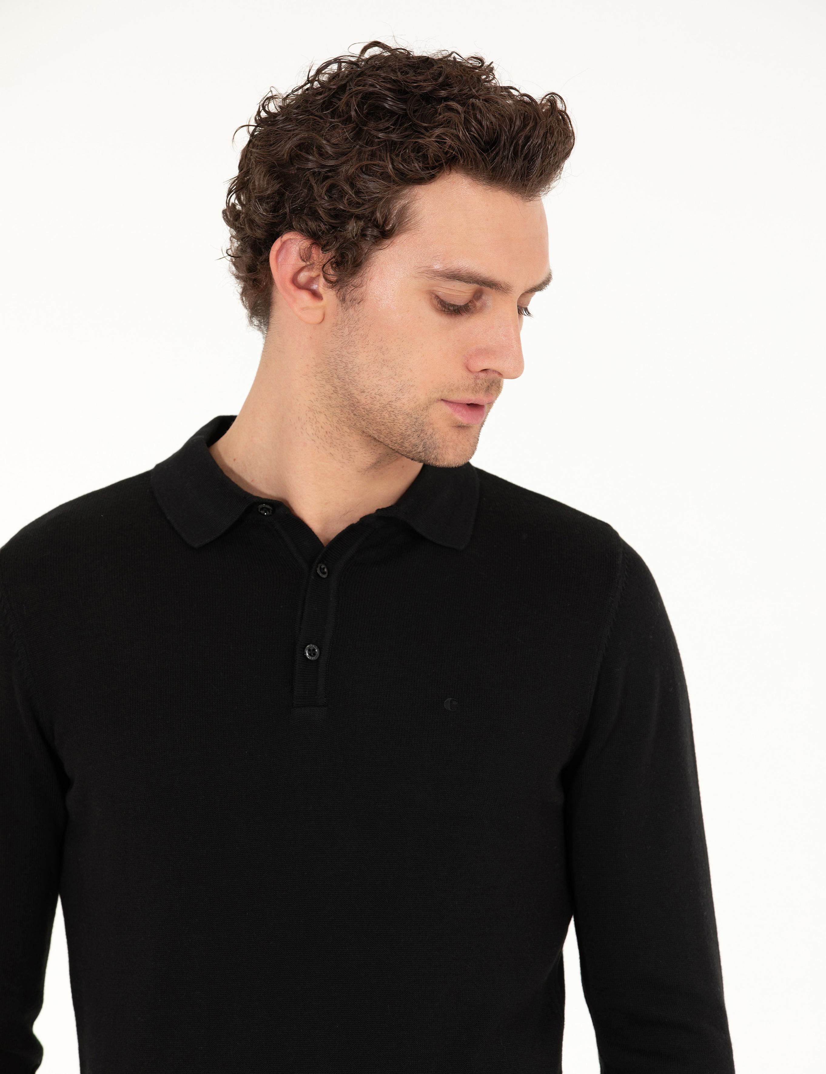 Siyah Slim Fit Polo Yaka Basic Triko Kazak - 50257384004