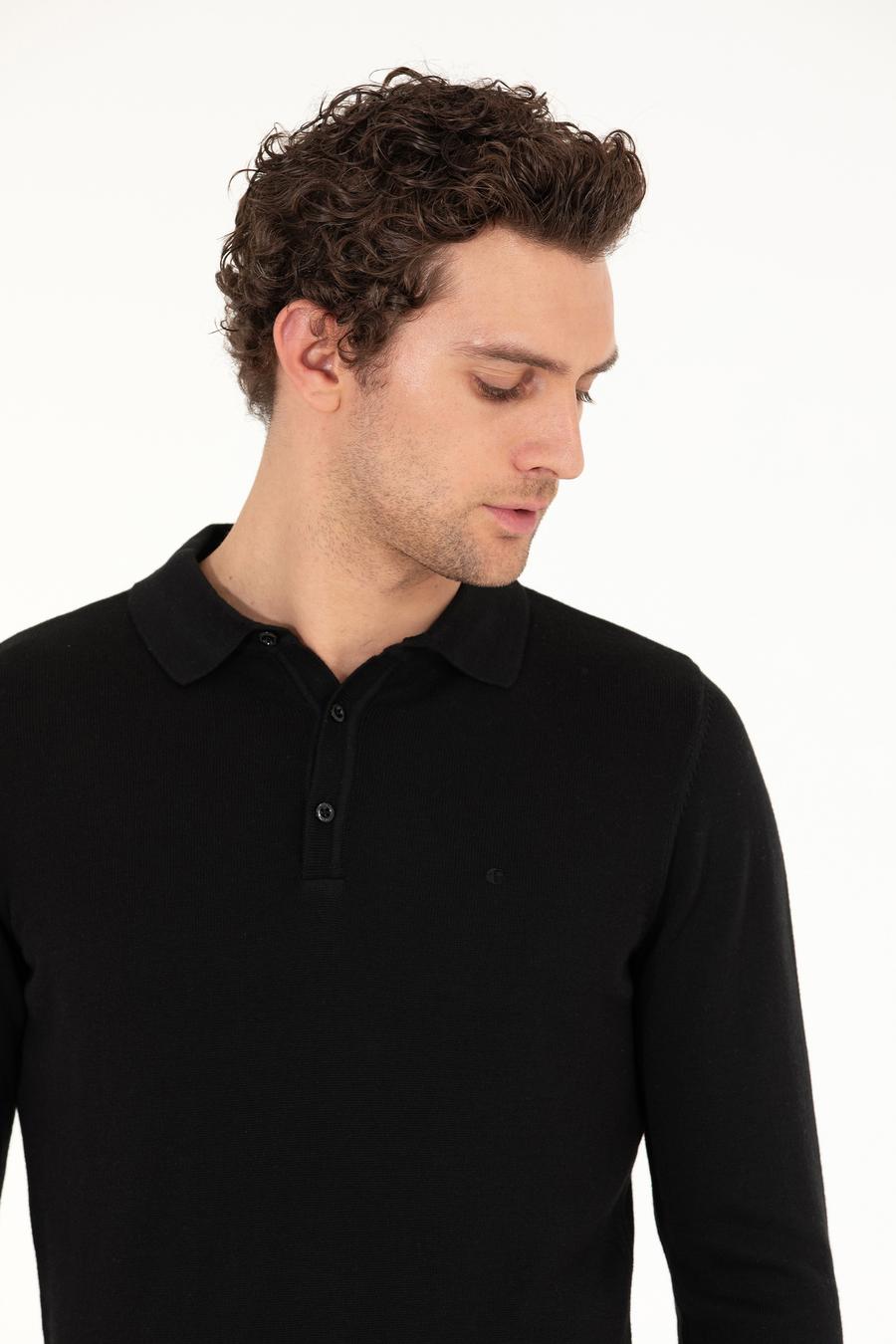 Siyah Slim Fit Polo Yaka Basic Triko Kazak - 50257384004