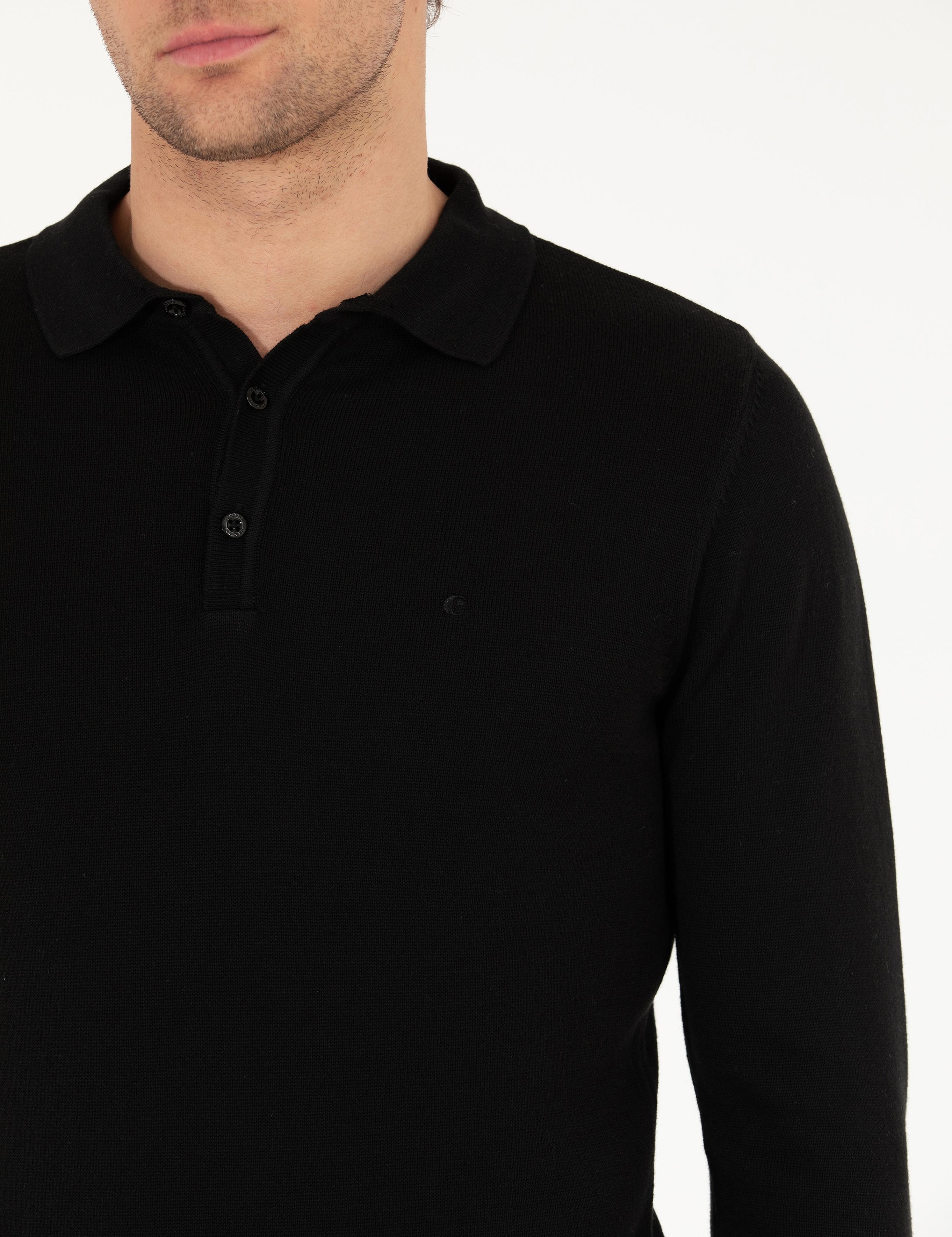 Siyah Slim Fit Polo Yaka Basic Triko Kazak - 50257384004