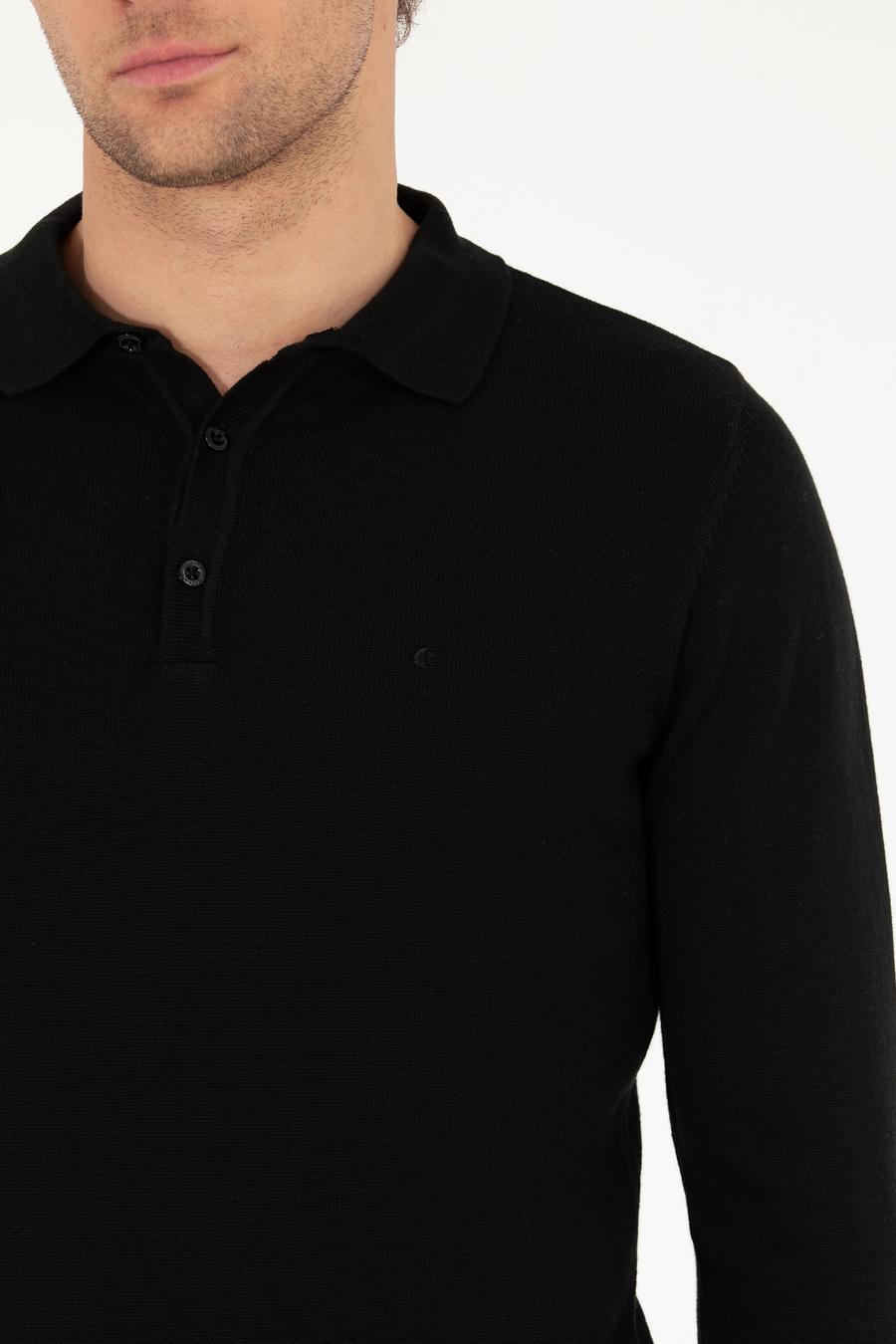 Siyah Slim Fit Polo Yaka Basic Triko Kazak - 50257384004