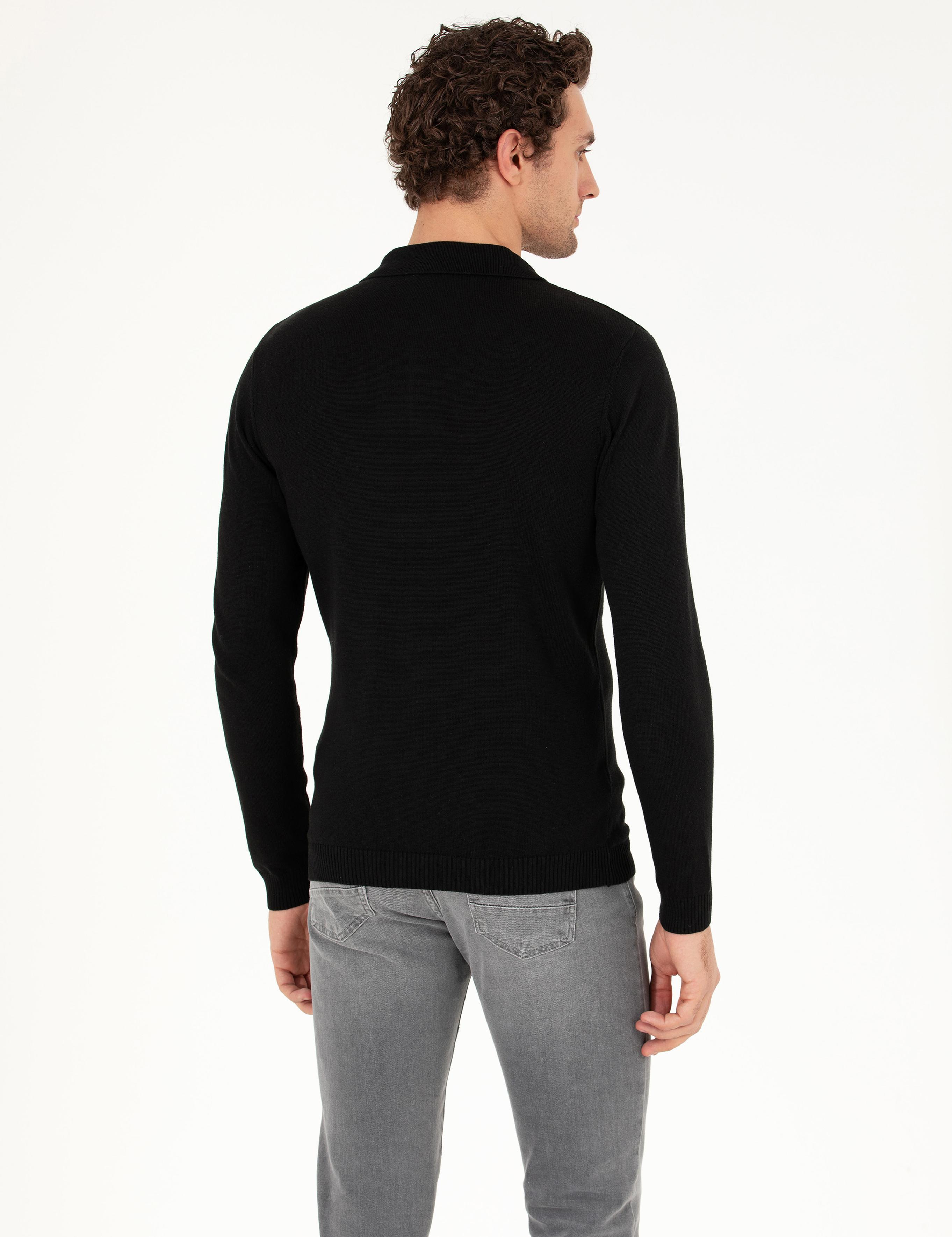 Siyah Slim Fit Polo Yaka Basic Triko Kazak - 50257384004