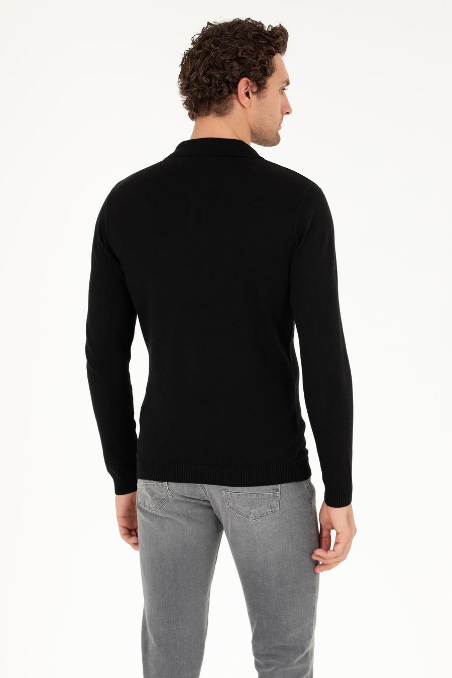 Siyah Slim Fit Polo Yaka Basic Triko Kazak - 50257384004