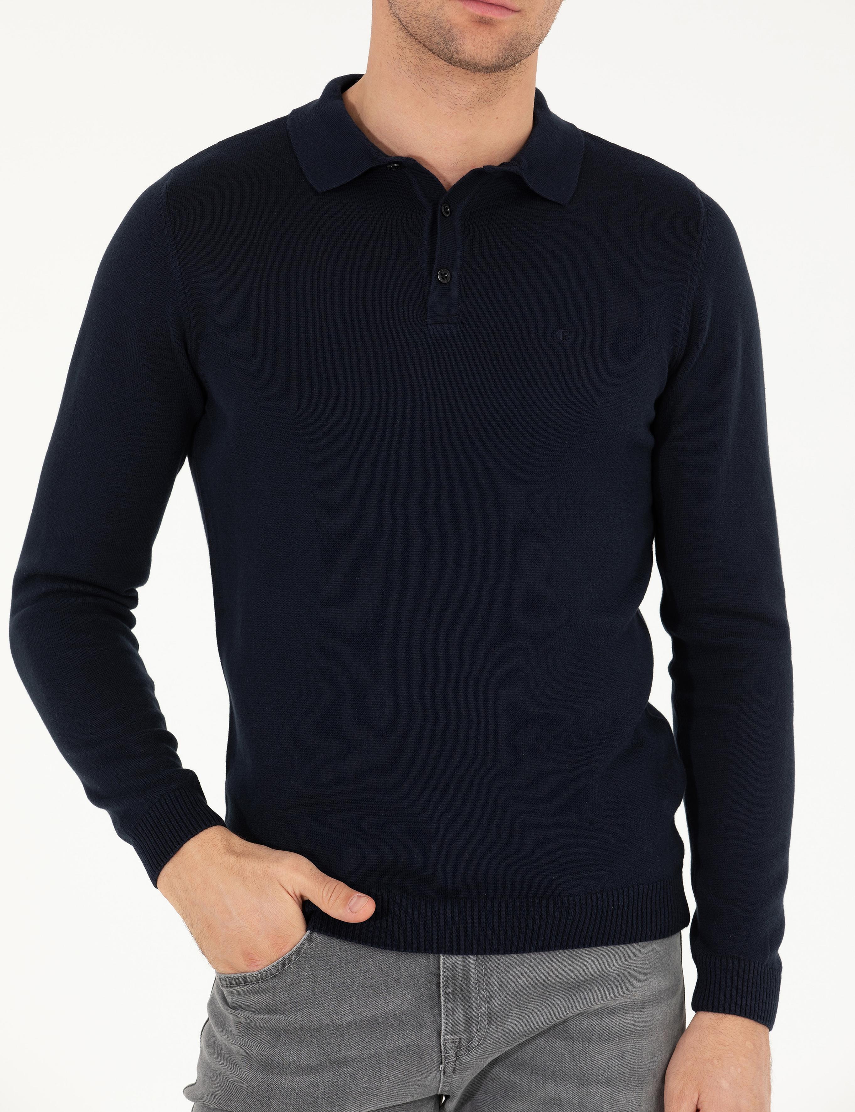 Lacivert Slim Fit Polo Yaka Basic Triko Kazak - 50257384012