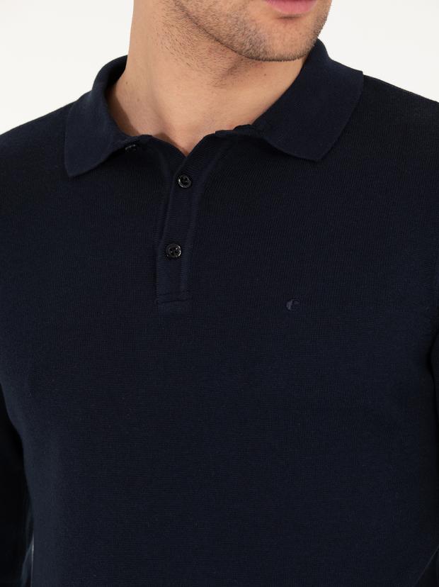 Lacivert Slim Fit Polo Yaka Basic Triko Kazak