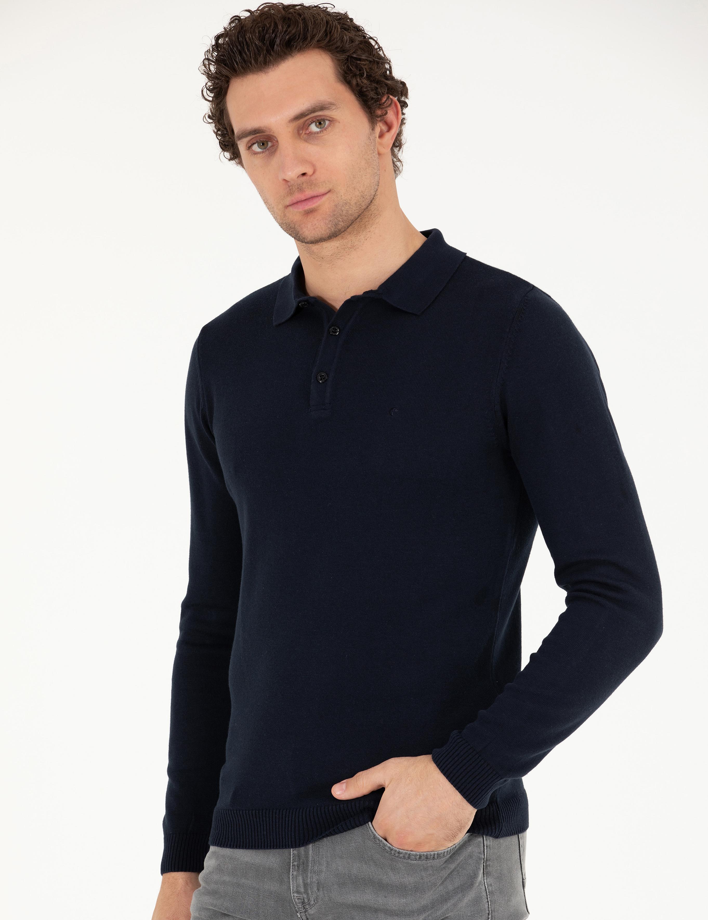 Lacivert Slim Fit Polo Yaka Basic Triko Kazak - 50257384012