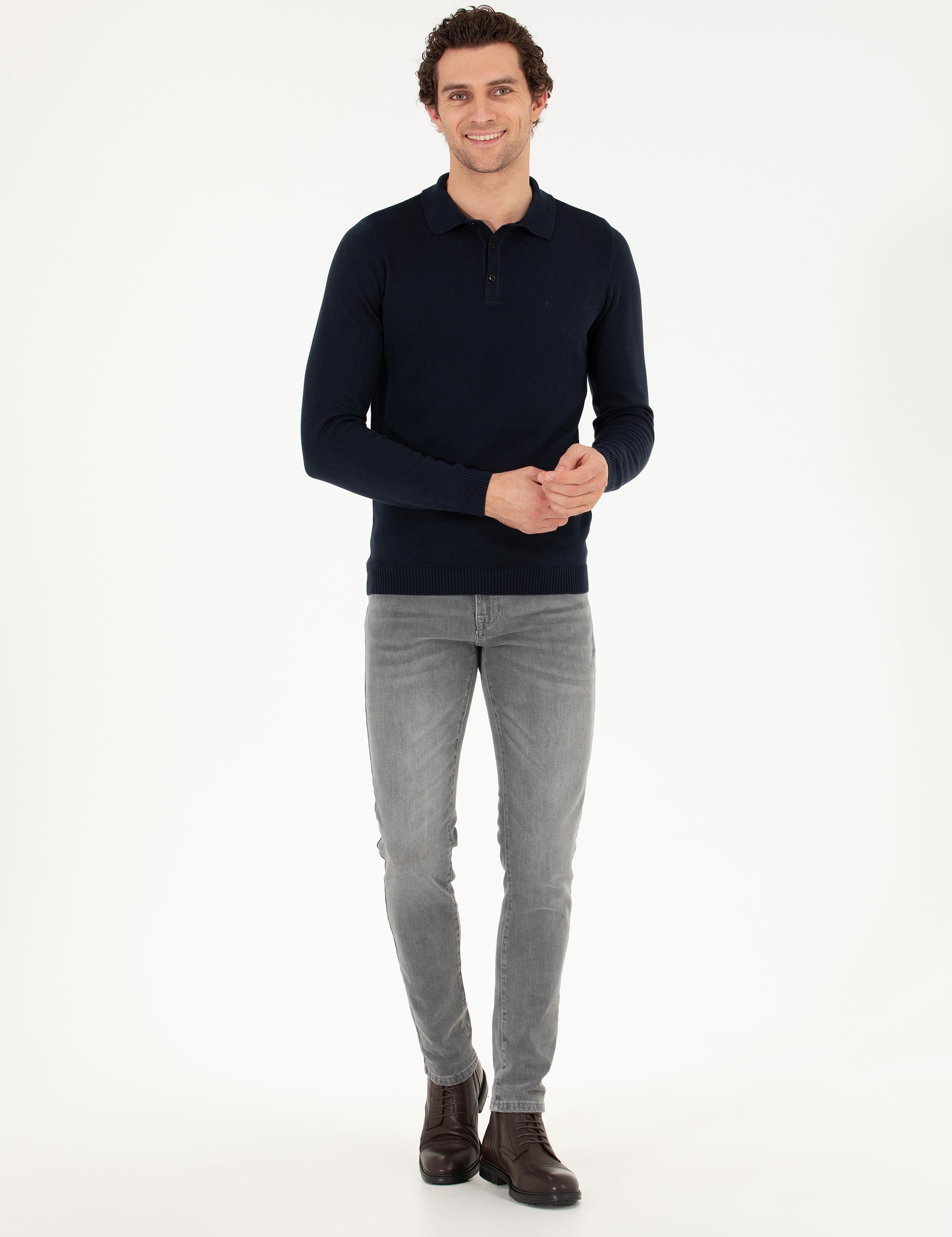 Lacivert Slim Fit Polo Yaka Basic Triko Kazak - 50257384012