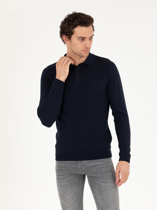 Lacivert Slim Fit Polo Yaka Basic Triko Kazak