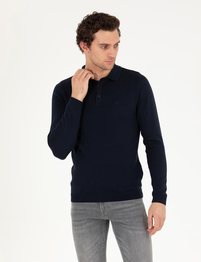 Lacivert Slim Fit Polo Yaka Basic Triko Kazak