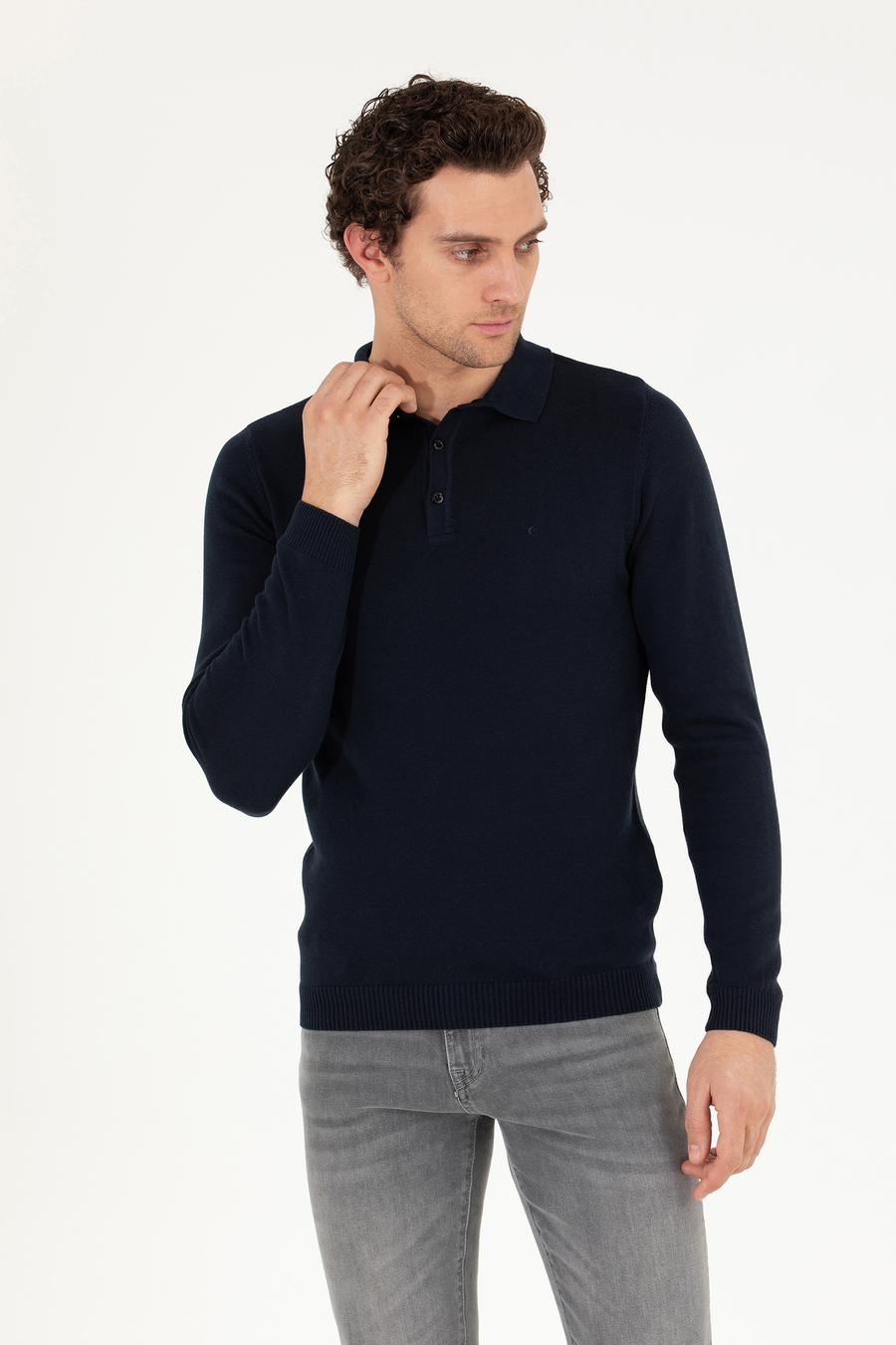 Lacivert Slim Fit Polo Yaka Basic Triko Kazak - 50257384012