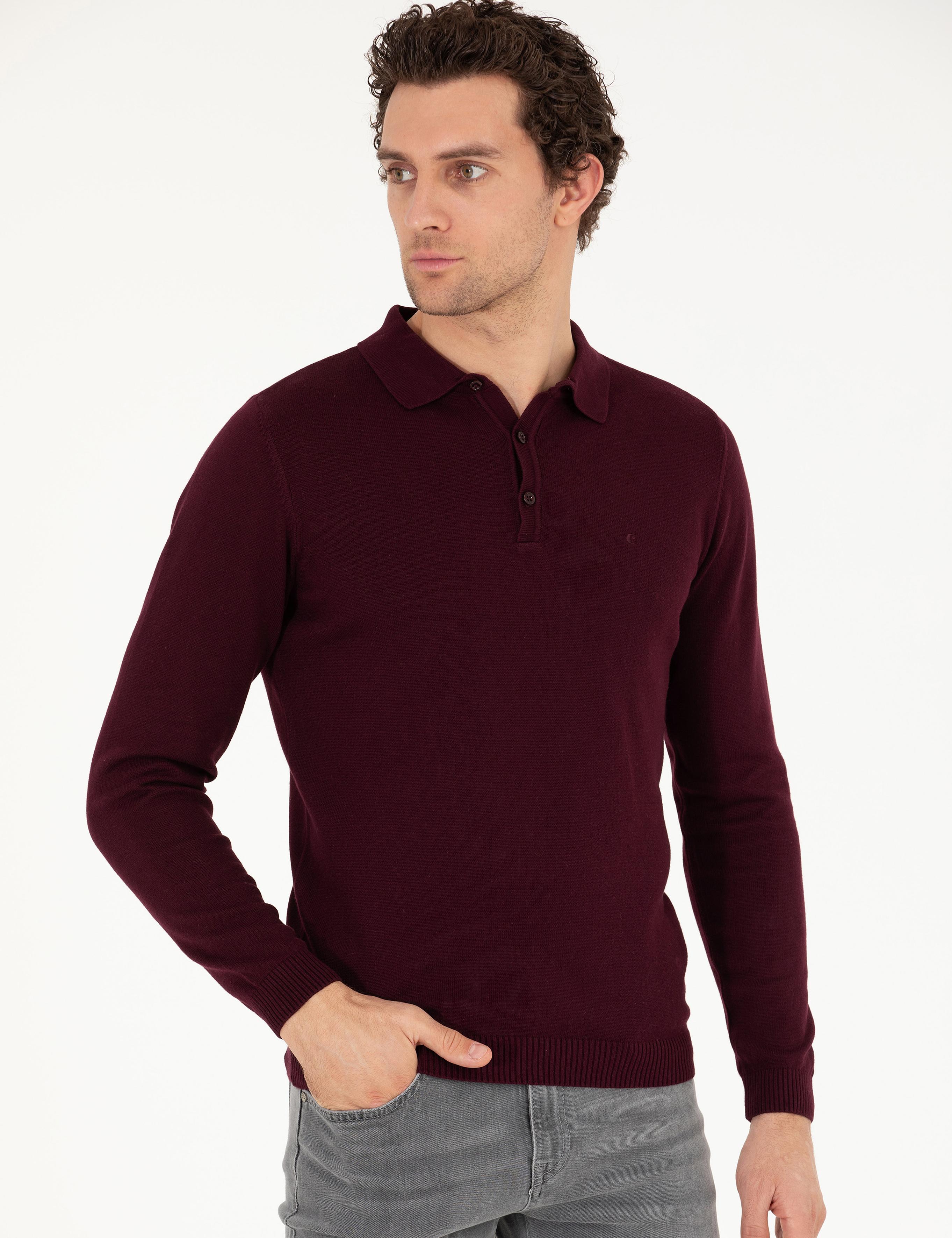 Bordo Slim Fit Polo Yaka Basic Triko Kazak - 50257384022