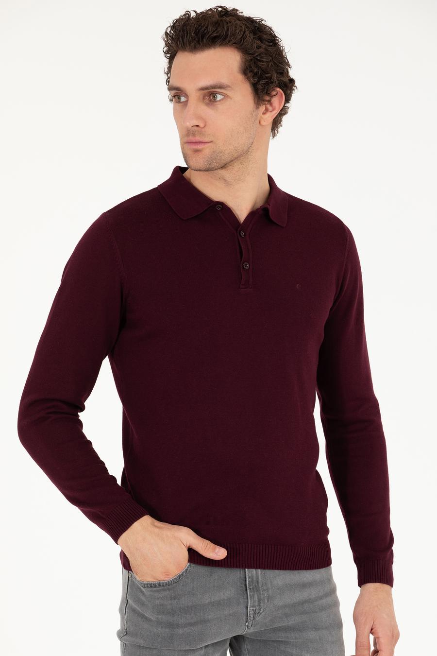 Bordo Slim Fit Polo Yaka Basic Triko Kazak - 50257384022