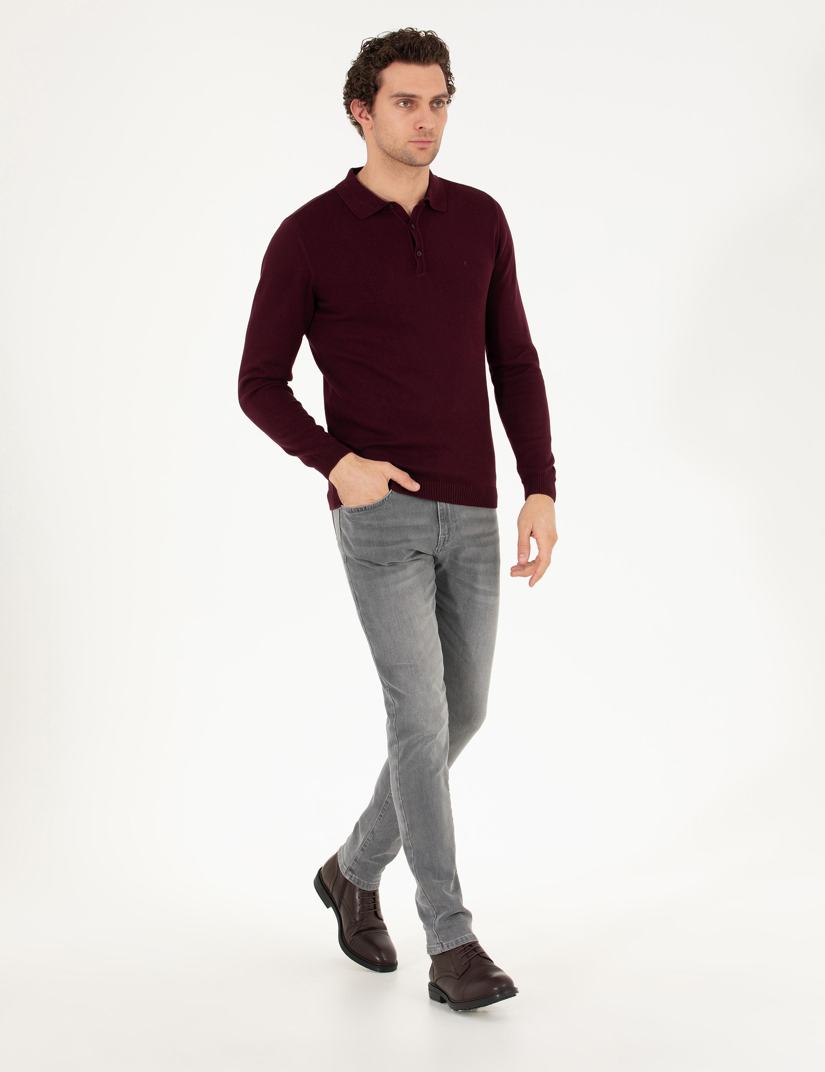 Bordo Slim Fit Polo Yaka Basic Triko Kazak - 50257384022