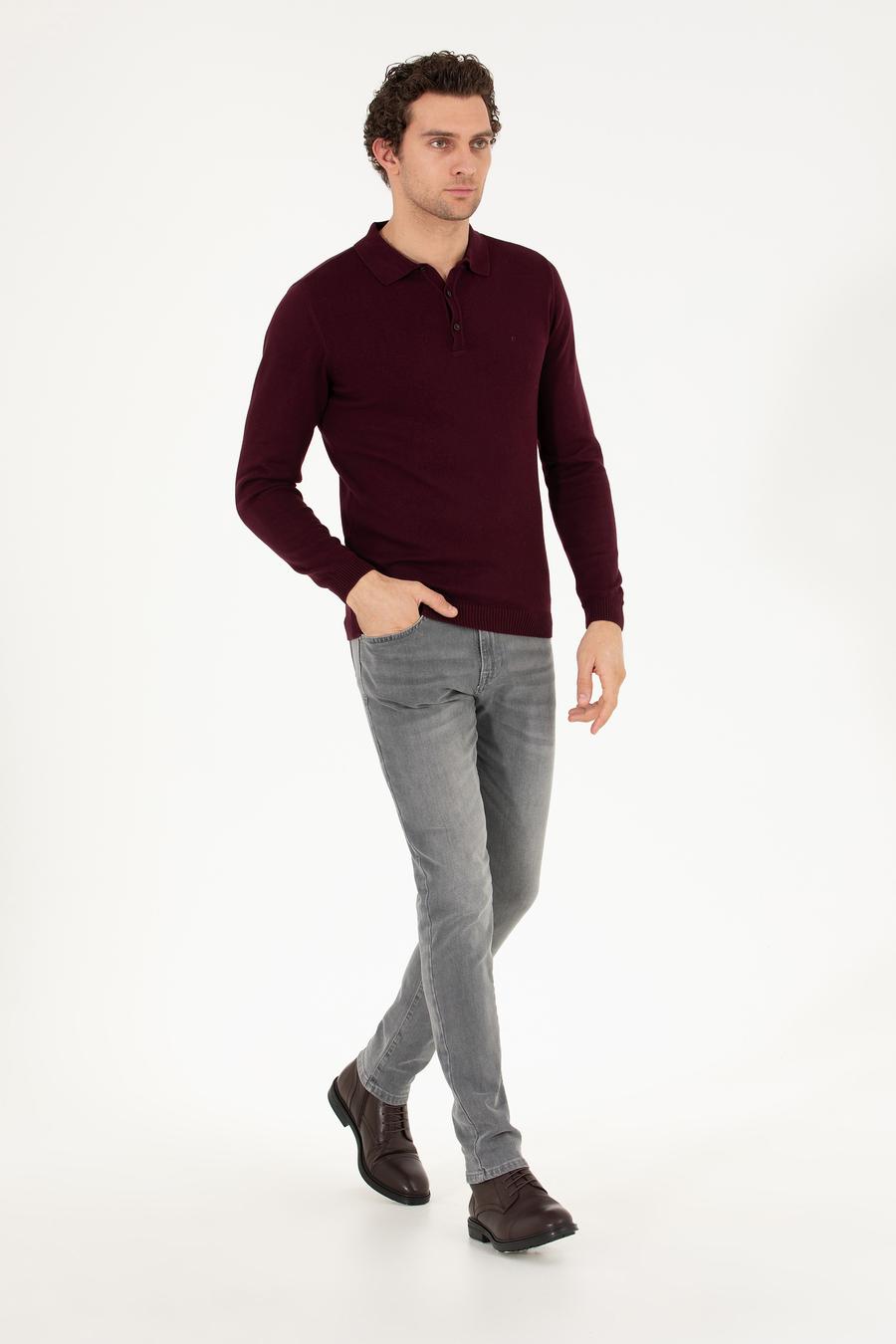 Bordo Slim Fit Polo Yaka Basic Triko Kazak - 50257384022