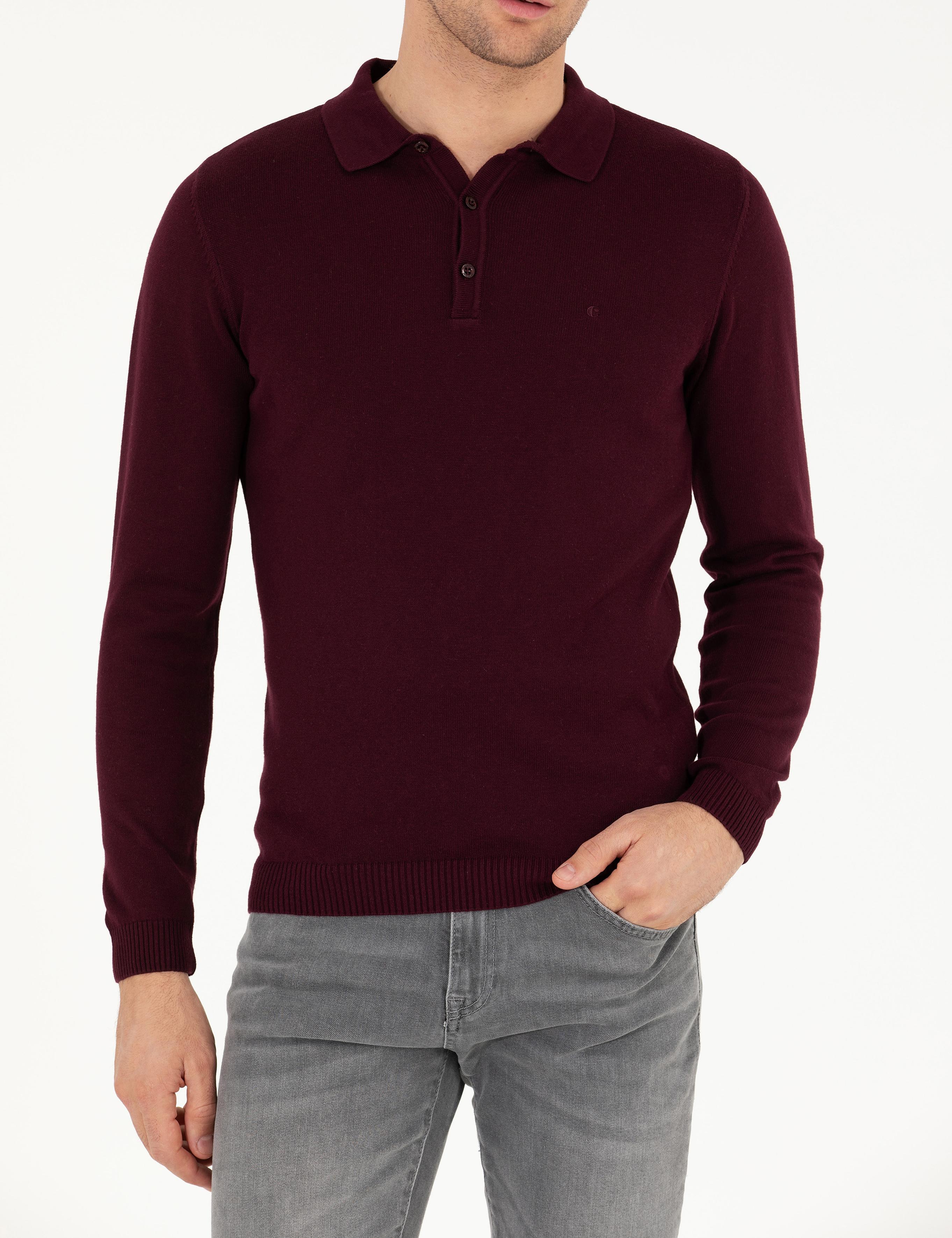 Bordo Slim Fit Polo Yaka Basic Triko Kazak - 50257384022