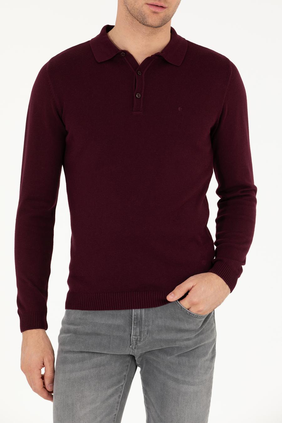 Bordo Slim Fit Polo Yaka Basic Triko Kazak - 50257384022