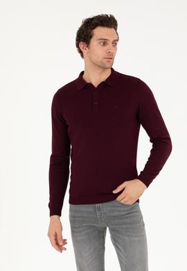 Bordo Slim Fit Polo Yaka Basic Triko Kazak
