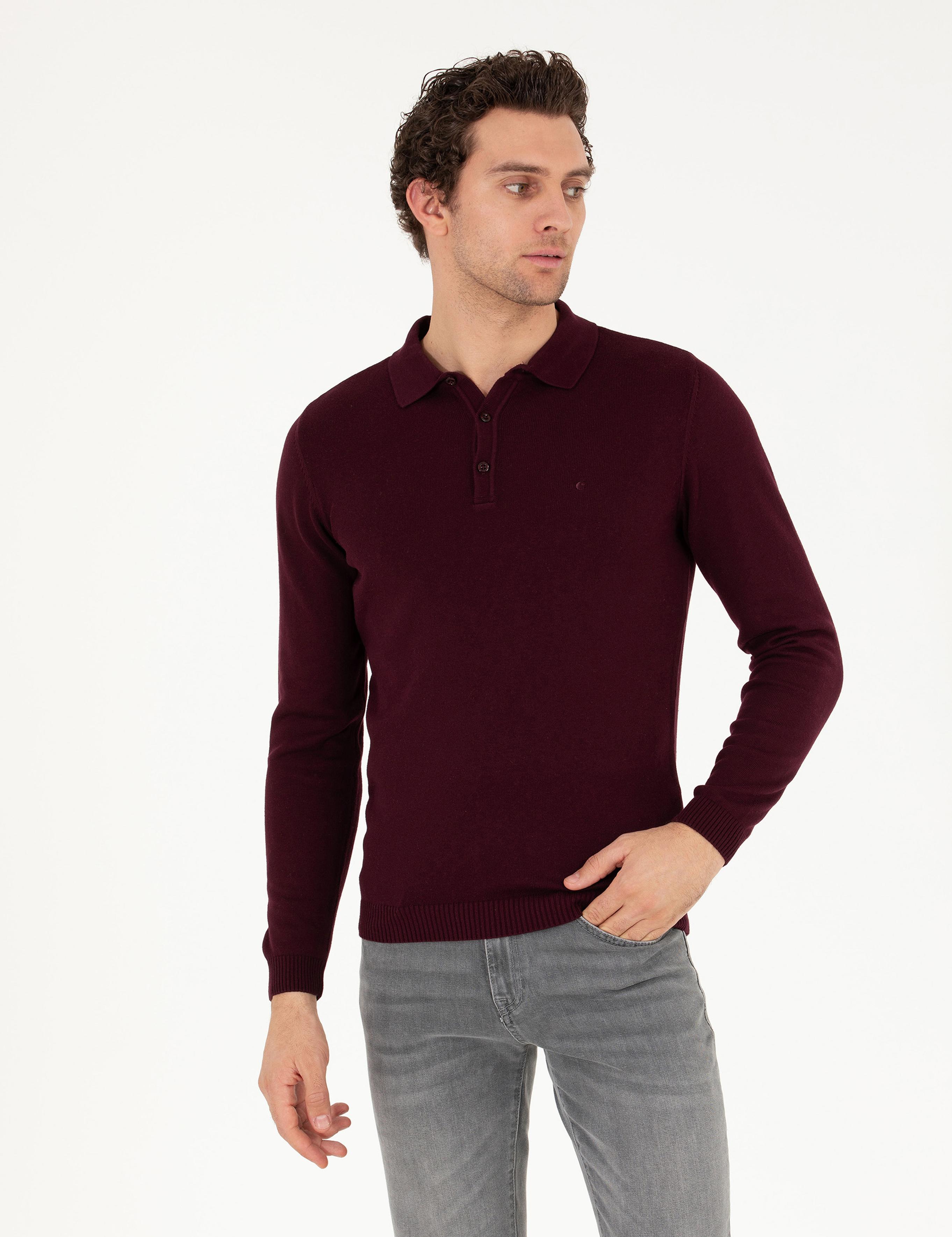 Bordo Slim Fit Polo Yaka Basic Triko Kazak - 50257384022