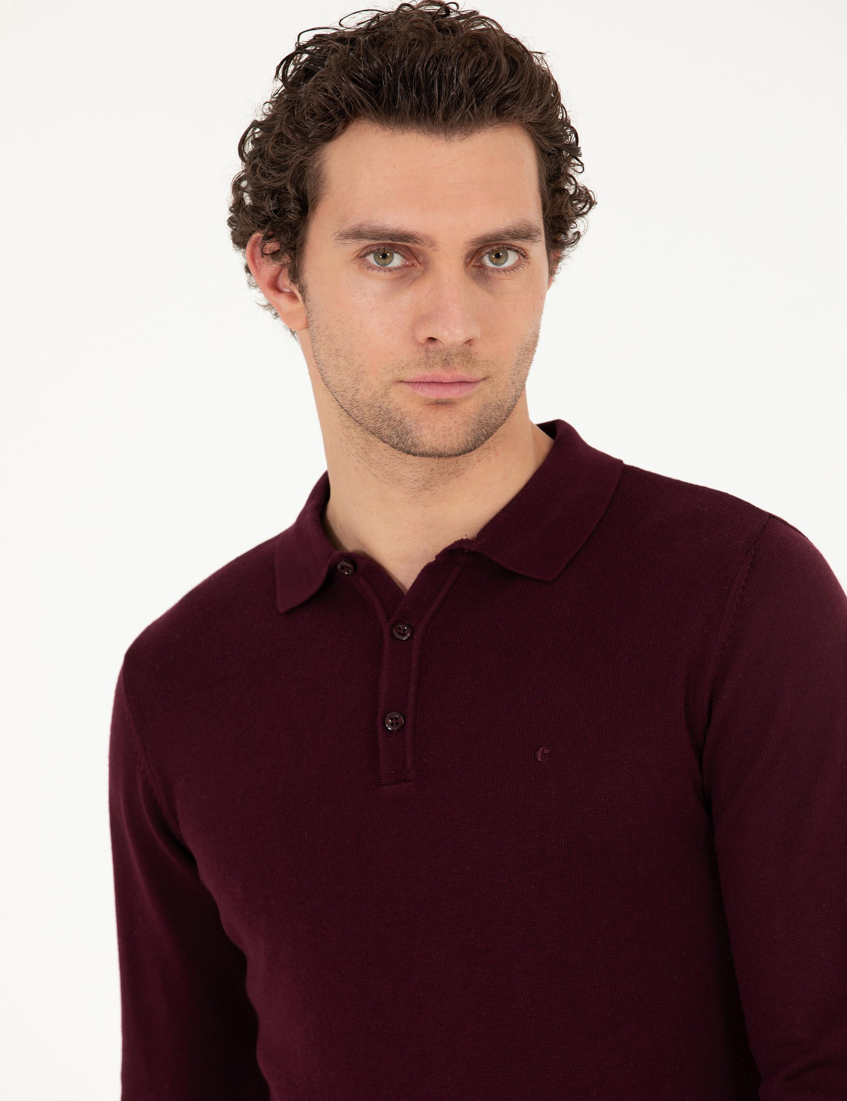 Bordo Slim Fit Polo Yaka Basic Triko Kazak - 50257384022