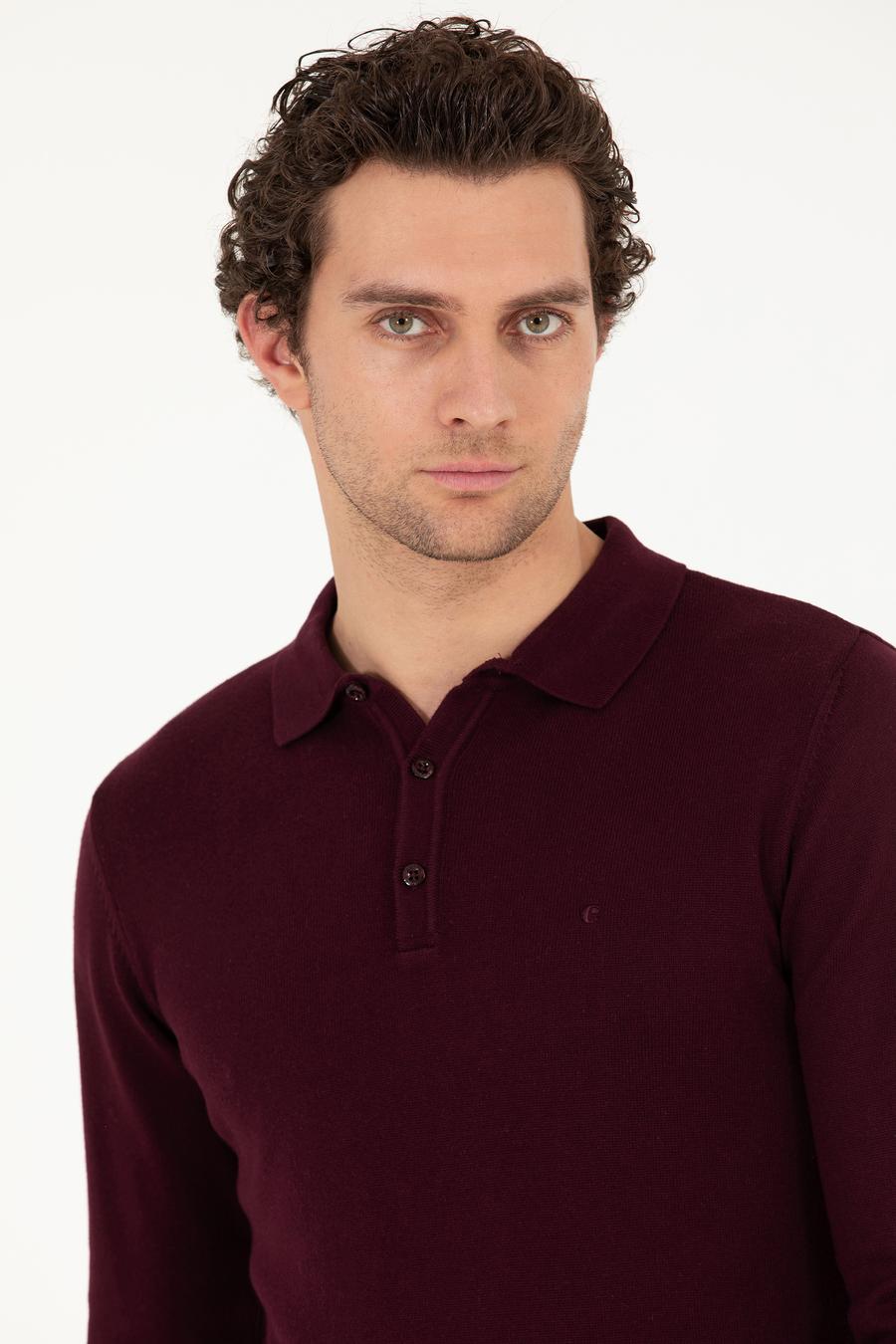 Bordo Slim Fit Polo Yaka Basic Triko Kazak - 50257384022