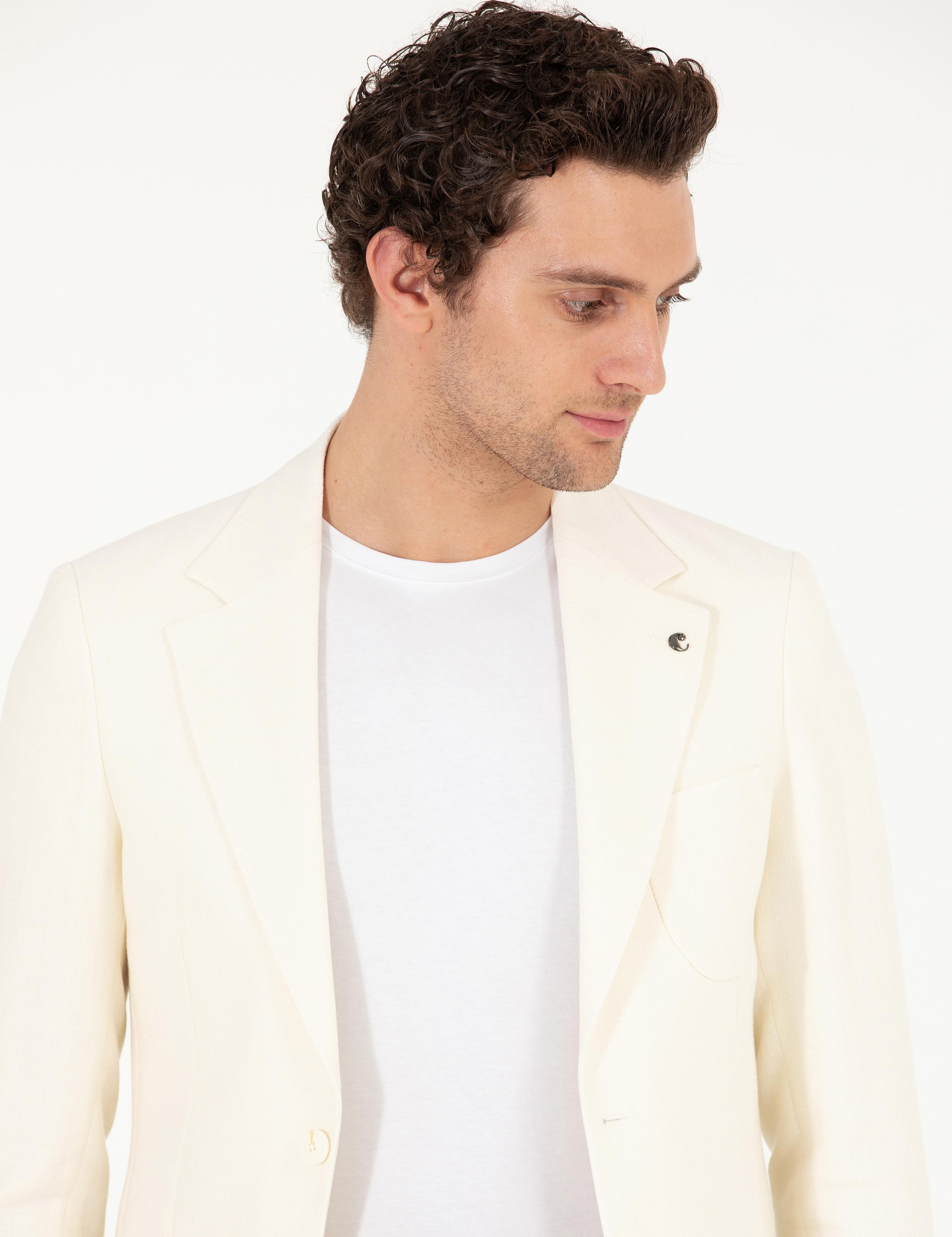 Beyaz Slim Fit Yün Keten Karışımlı Ceket - 50264752074
