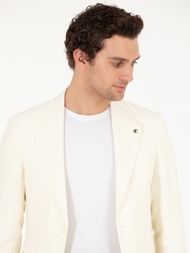 Beyaz Slim Fit Yün Keten Karışımlı Ceket