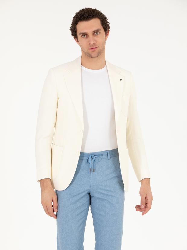 Beyaz Slim Fit Yün Keten Karışımlı Ceket