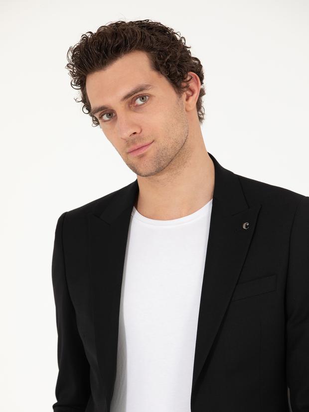 Siyah Slim Fit Yün Karışımlı Ceket