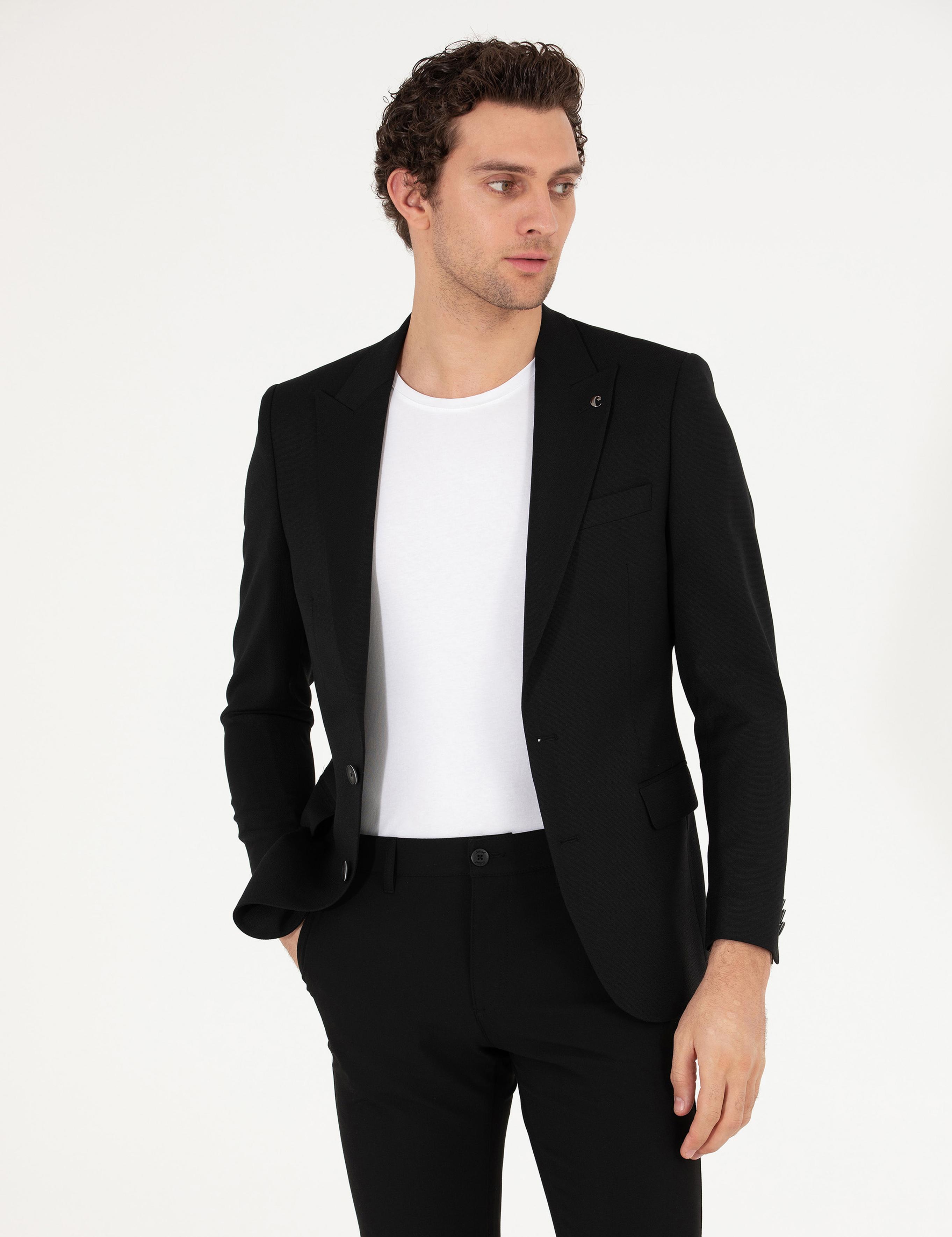 Siyah Slim Fit Yün Karışımlı Ceket - 50264771047