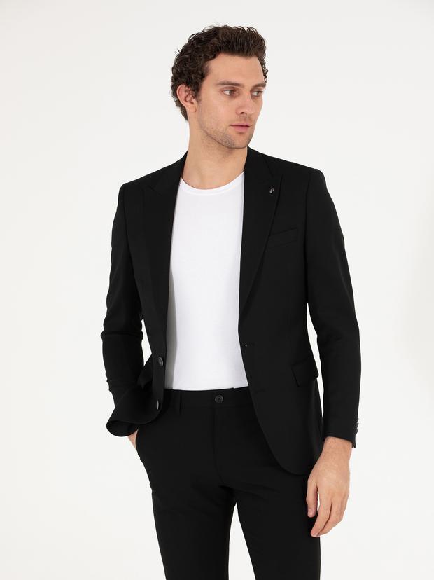 Siyah Slim Fit Yün Karışımlı Ceket