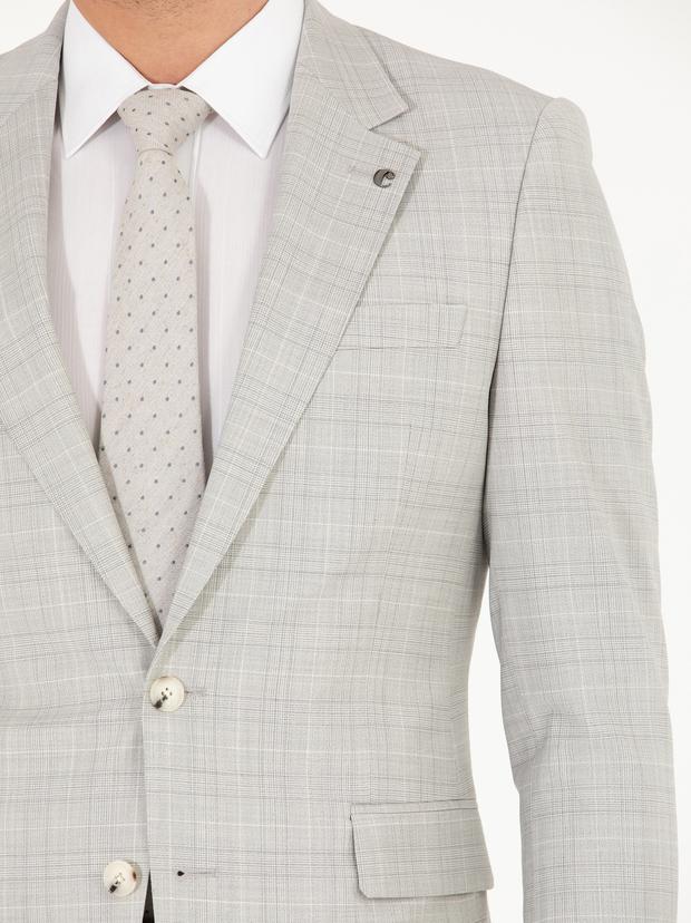 Gri Slim Fit Kareli Takım Elbise