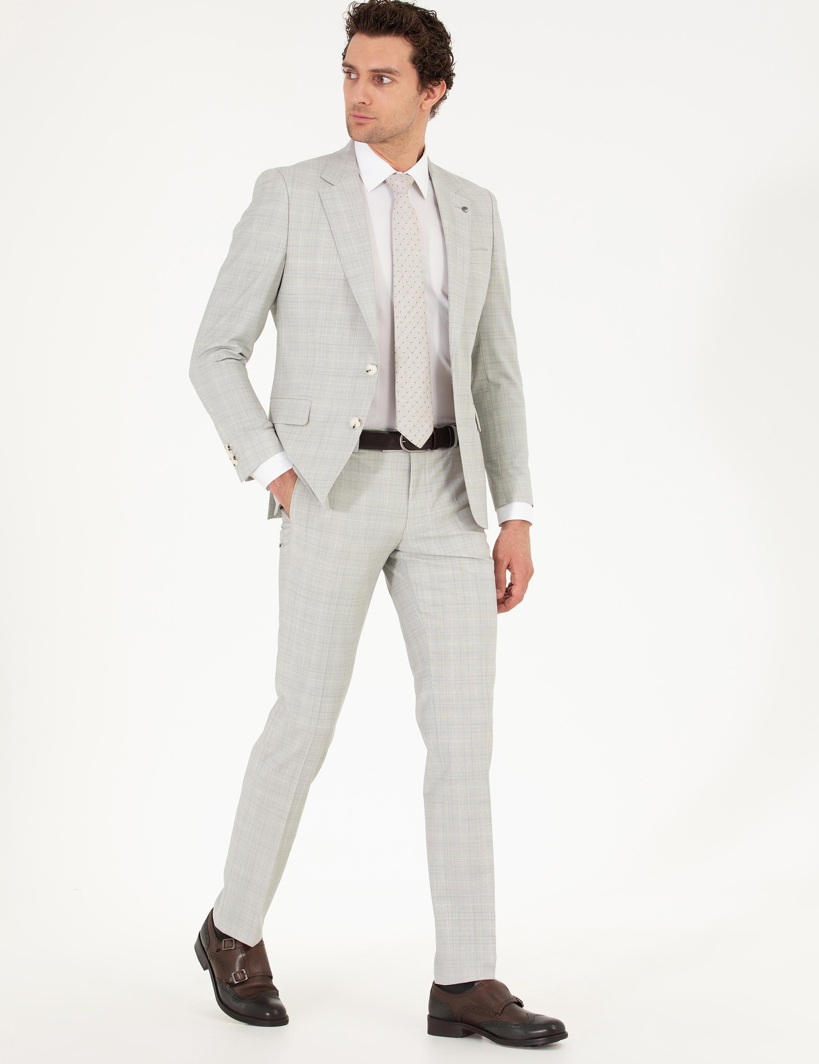 Gri Slim Fit Kareli Takım Elbise - 50265080008