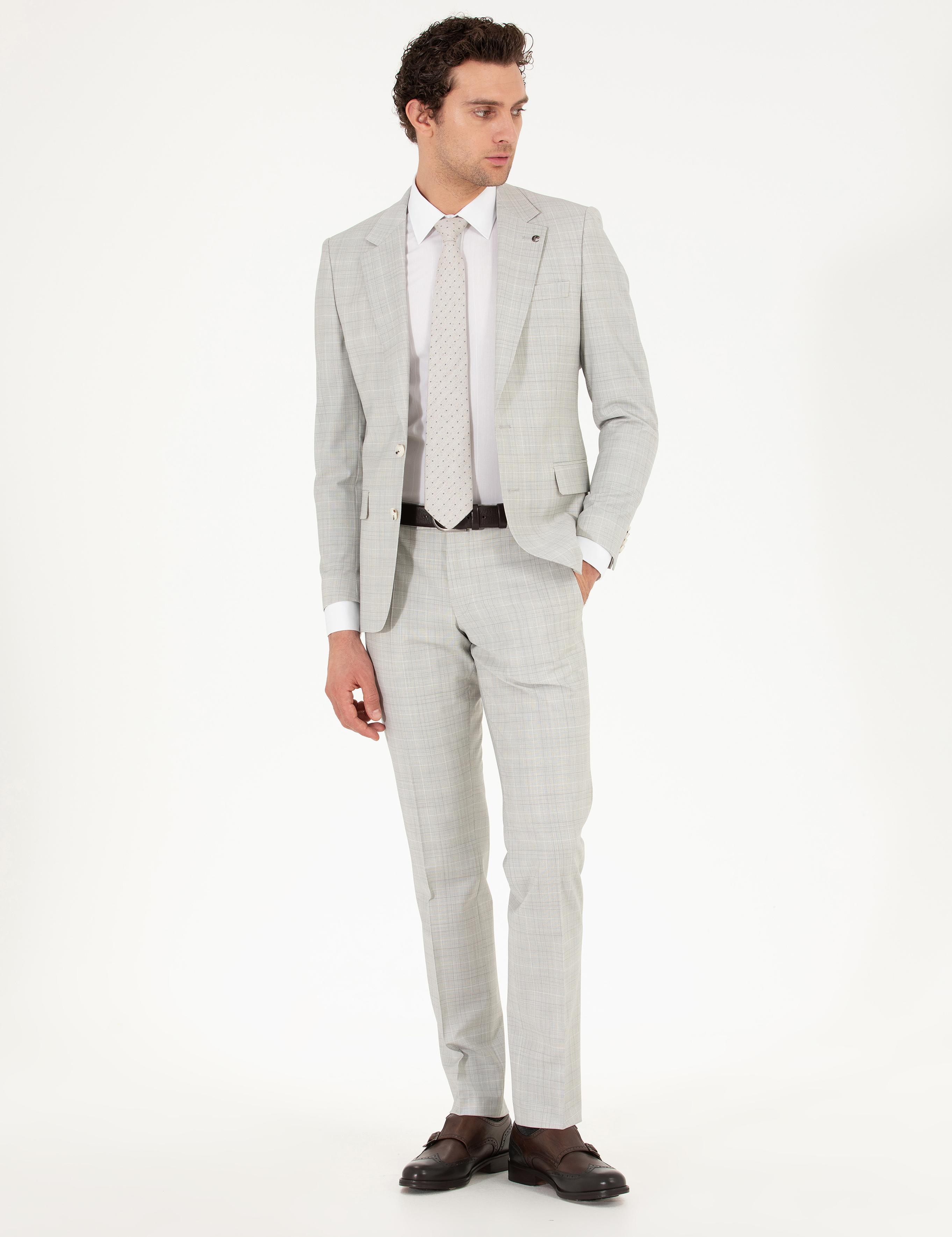 Gri Slim Fit Kareli Takım Elbise - 50265080008