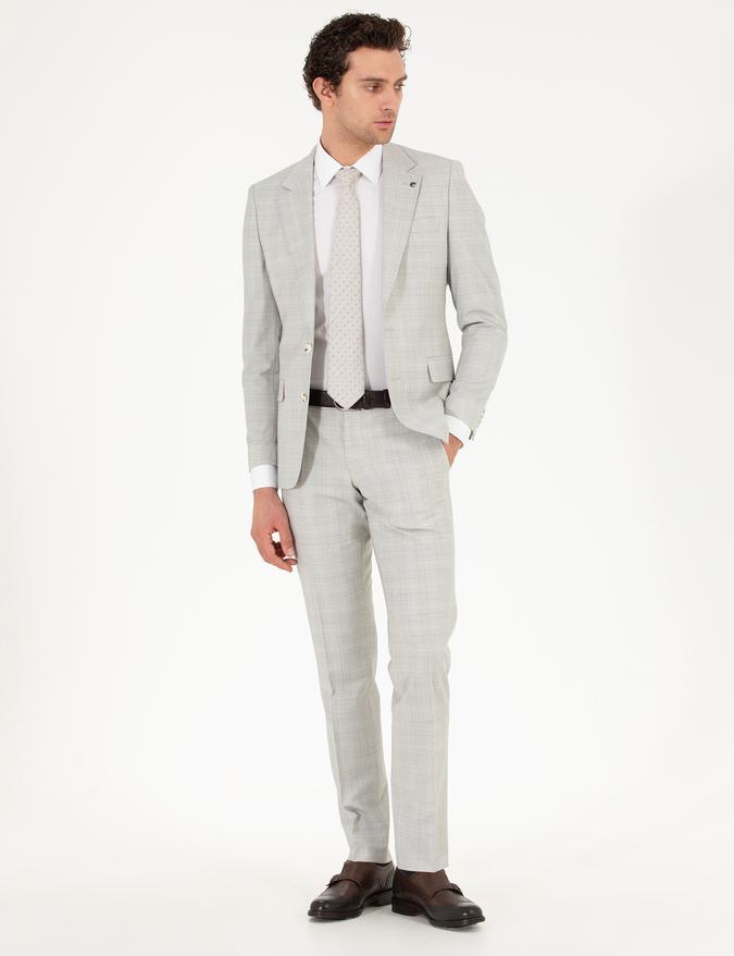Gri Slim Fit Kareli Takım Elbise
