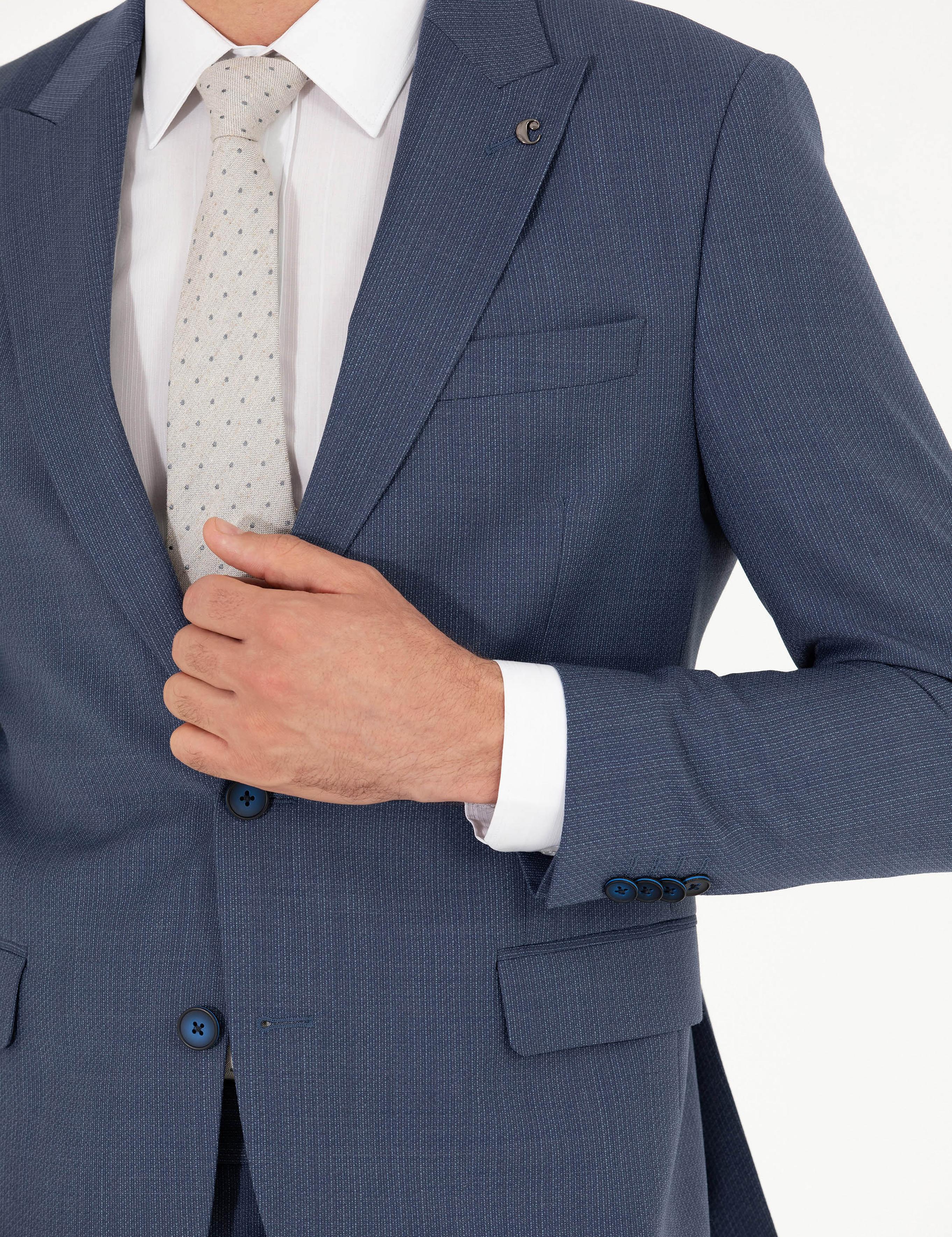 Mavi Slim Fit Yün Karışımlı Kırlangıç Yaka Mikro Desenli Takım Elbise - 50265116059