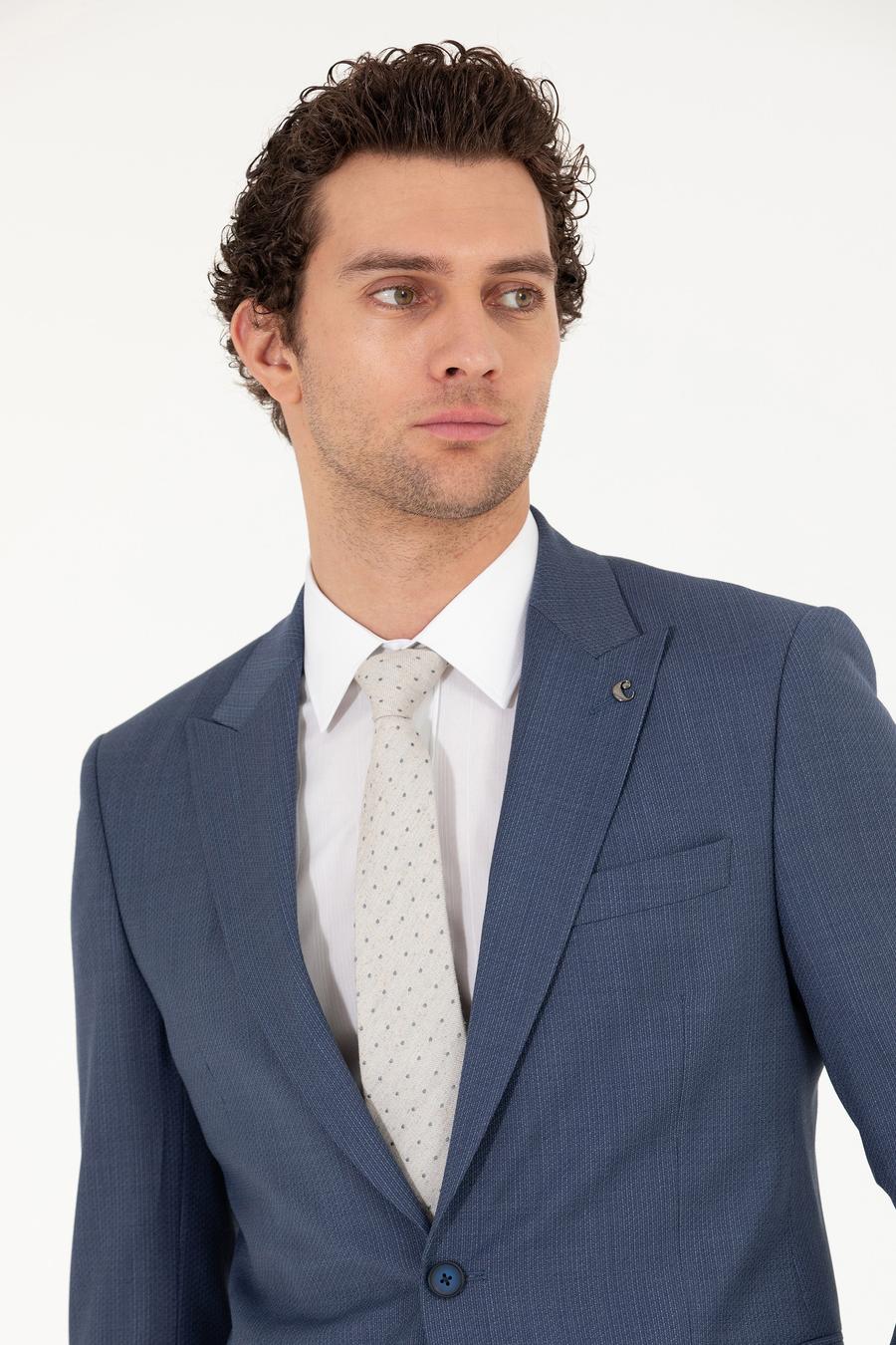 Mavi Slim Fit Yün Karışımlı Kırlangıç Yaka Mikro Desenli Takım Elbise - 50265116059