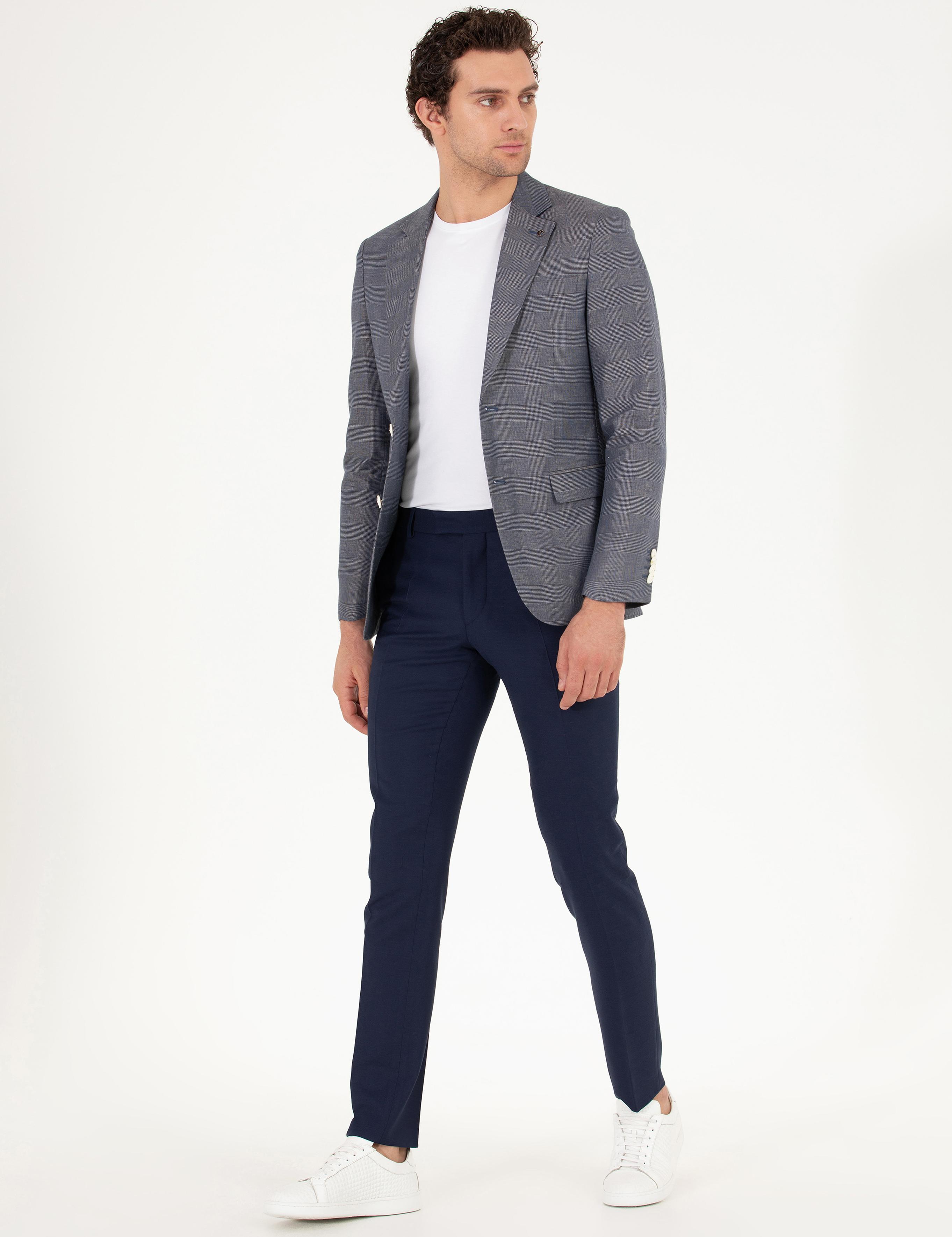 Lacivert Slim Fit Keten Karışımlı Ceket - 50265204008