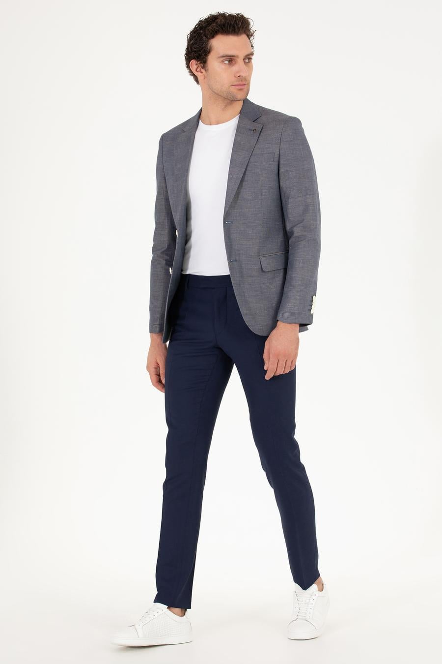 Lacivert Slim Fit Keten Karışımlı Ceket - 50265204008