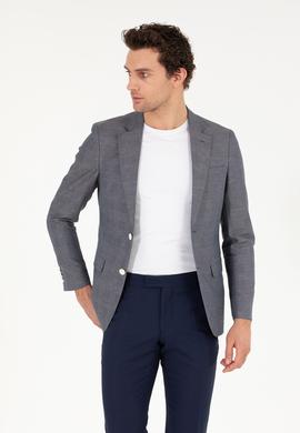 Lacivert Slim Fit Keten Karışımlı Ceket