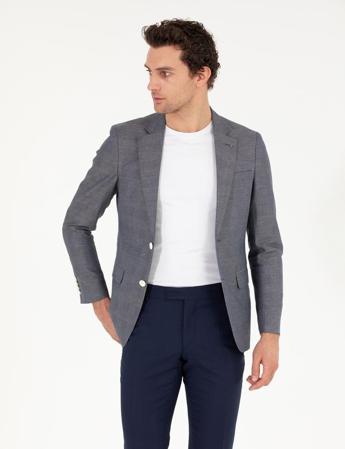 Lacivert Slim Fit Keten Karışımlı Ceket