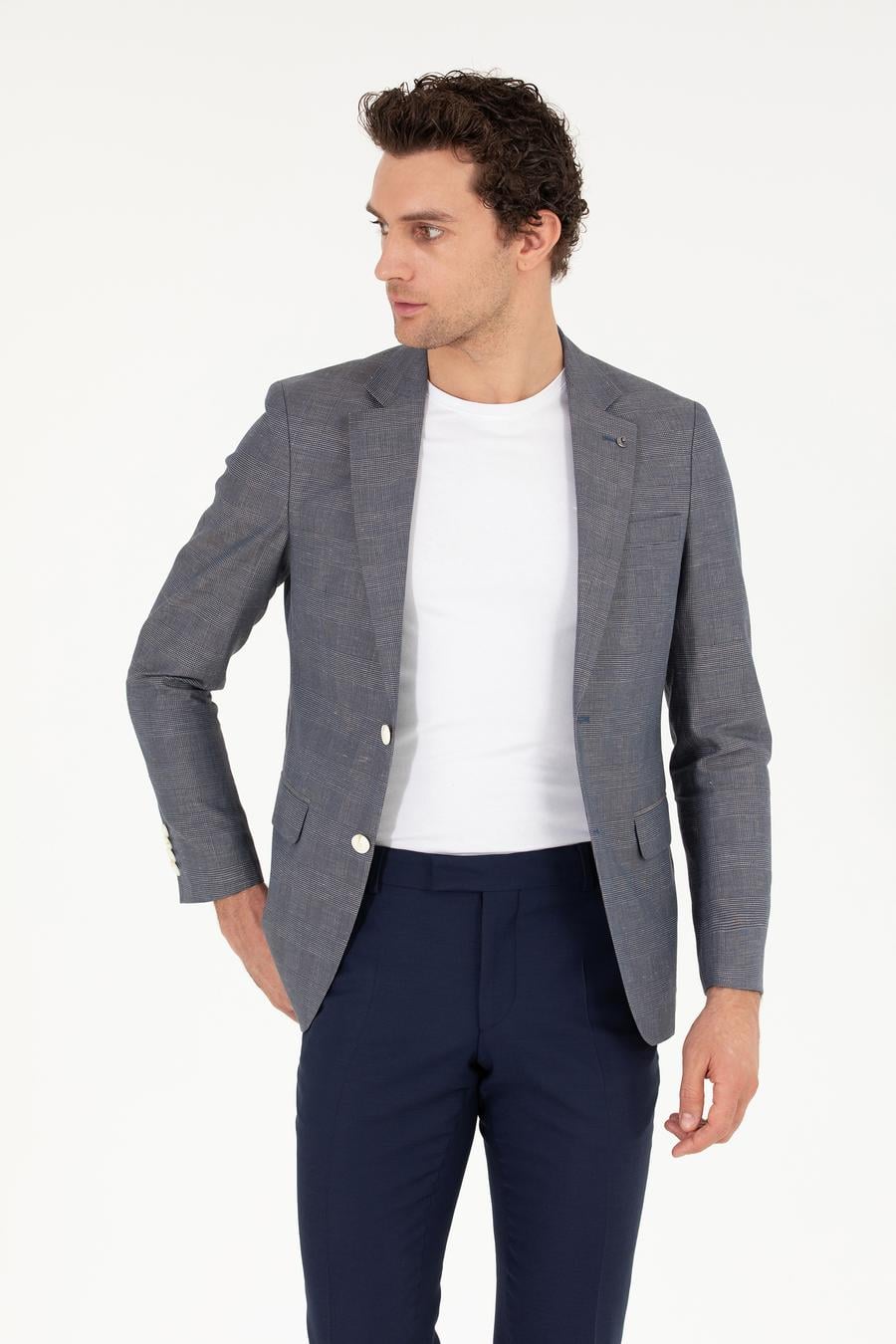 Lacivert Slim Fit Keten Karışımlı Ceket - 50265204008