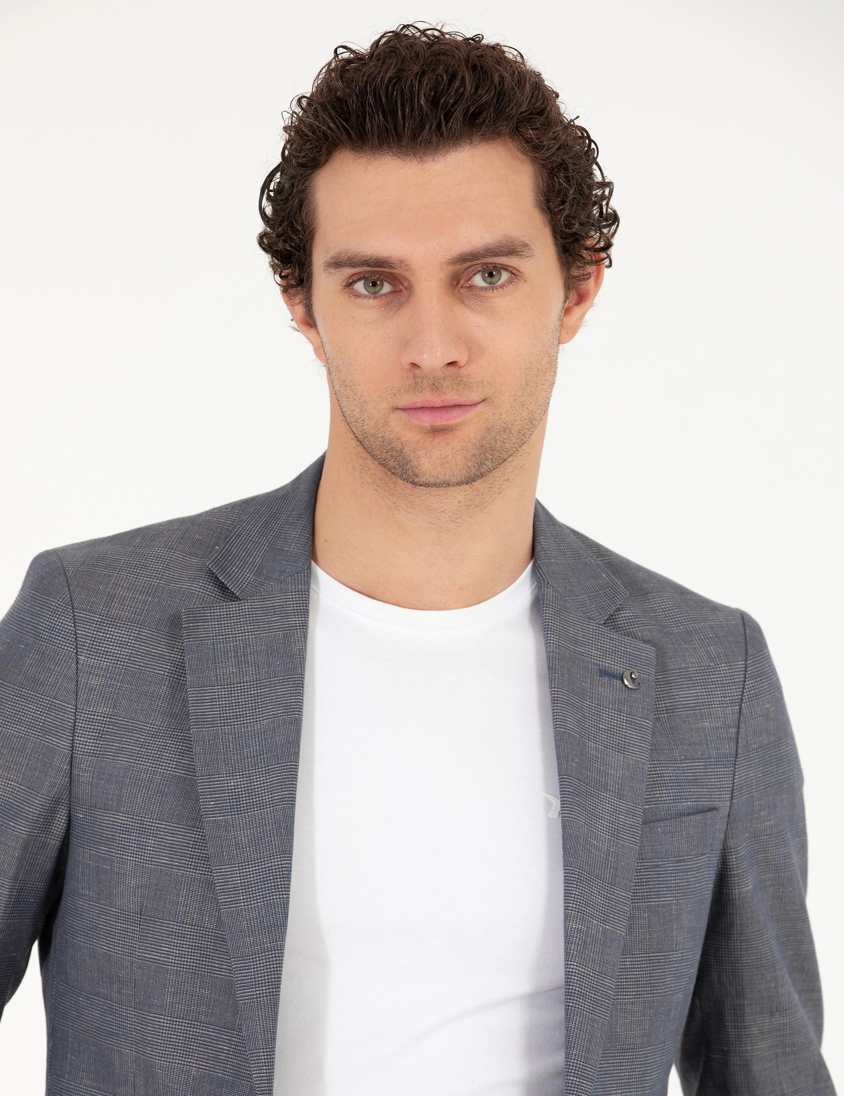 Lacivert Slim Fit Keten Karışımlı Ceket - 50265204008