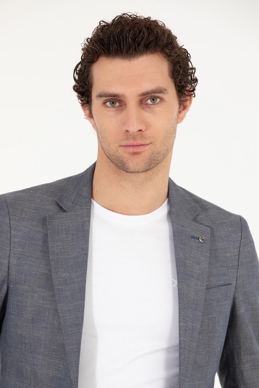 Lacivert Slim Fit Keten Karışımlı Ceket - 50265204008