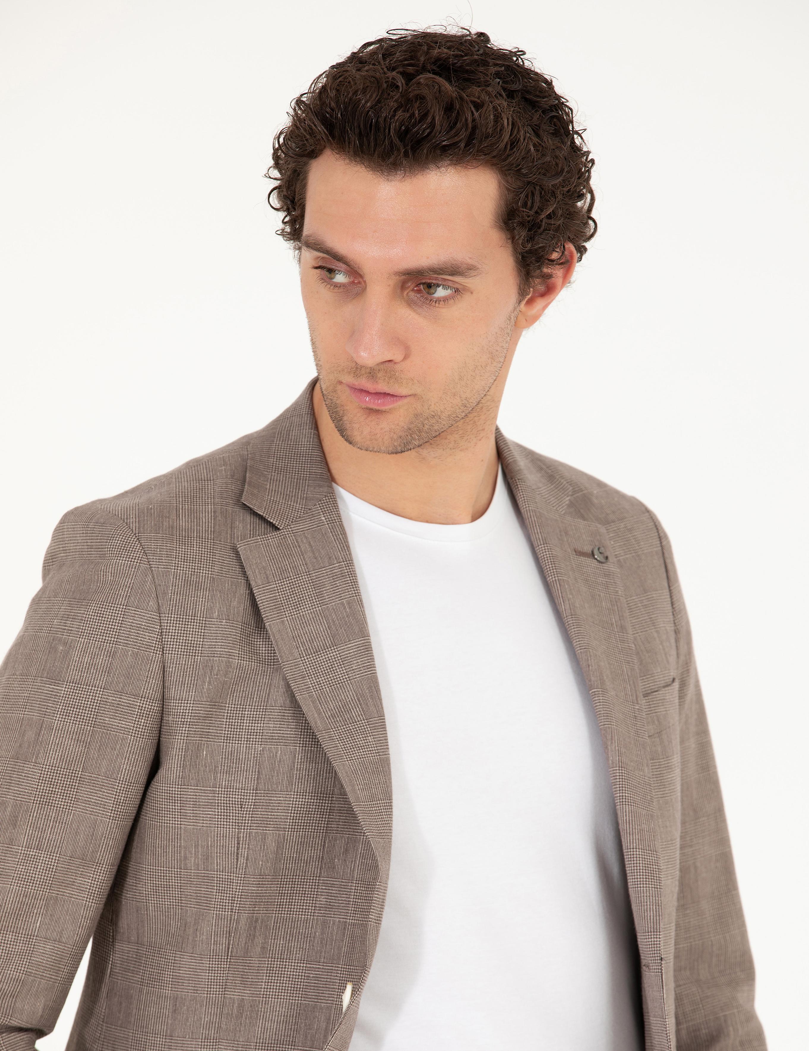 Kahverengi Slim Fit Keten Karışımlı Ceket - 50265204083