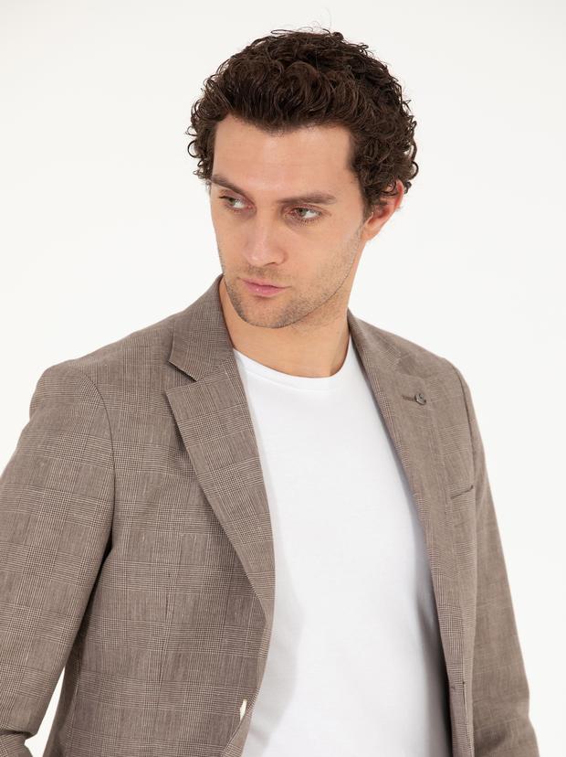 Kahverengi Slim Fit Keten Karışımlı Ceket