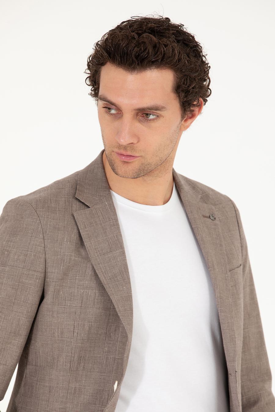Kahverengi Slim Fit Keten Karışımlı Ceket - 50265204083