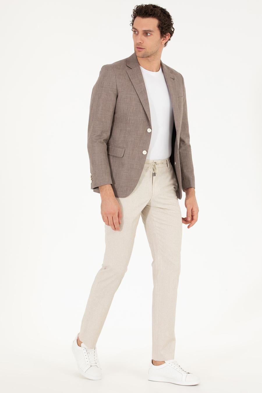 Kahverengi Slim Fit Keten Karışımlı Ceket - 50265204083