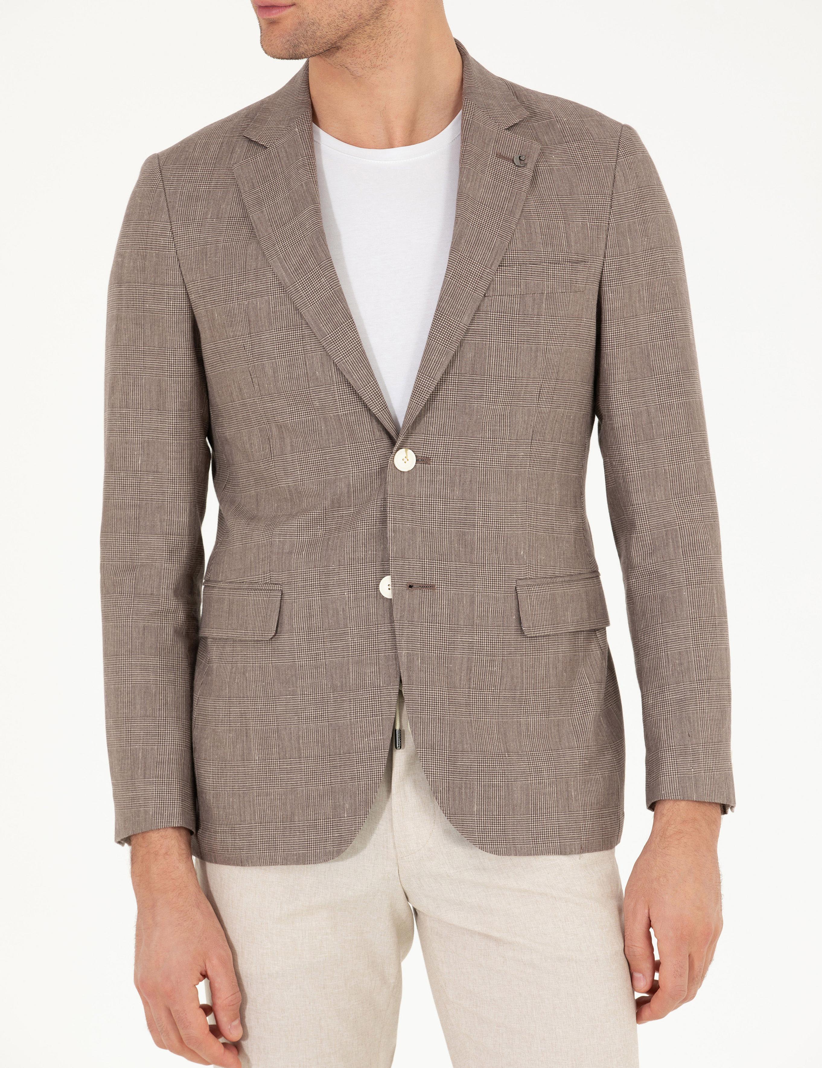 Kahverengi Slim Fit Keten Karışımlı Ceket - 50265204083