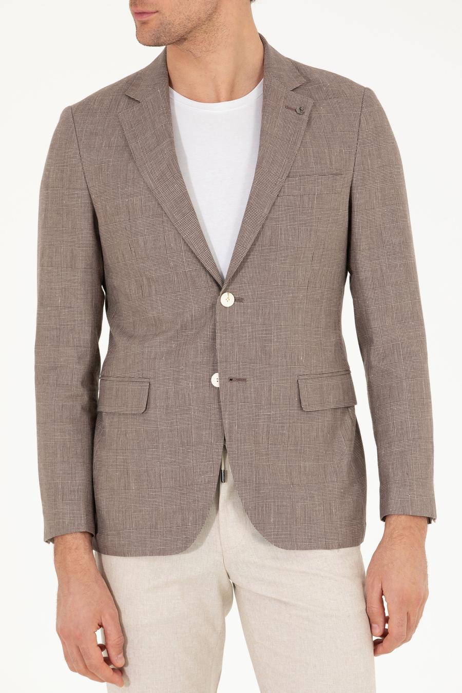 Kahverengi Slim Fit Keten Karışımlı Ceket - 50265204083