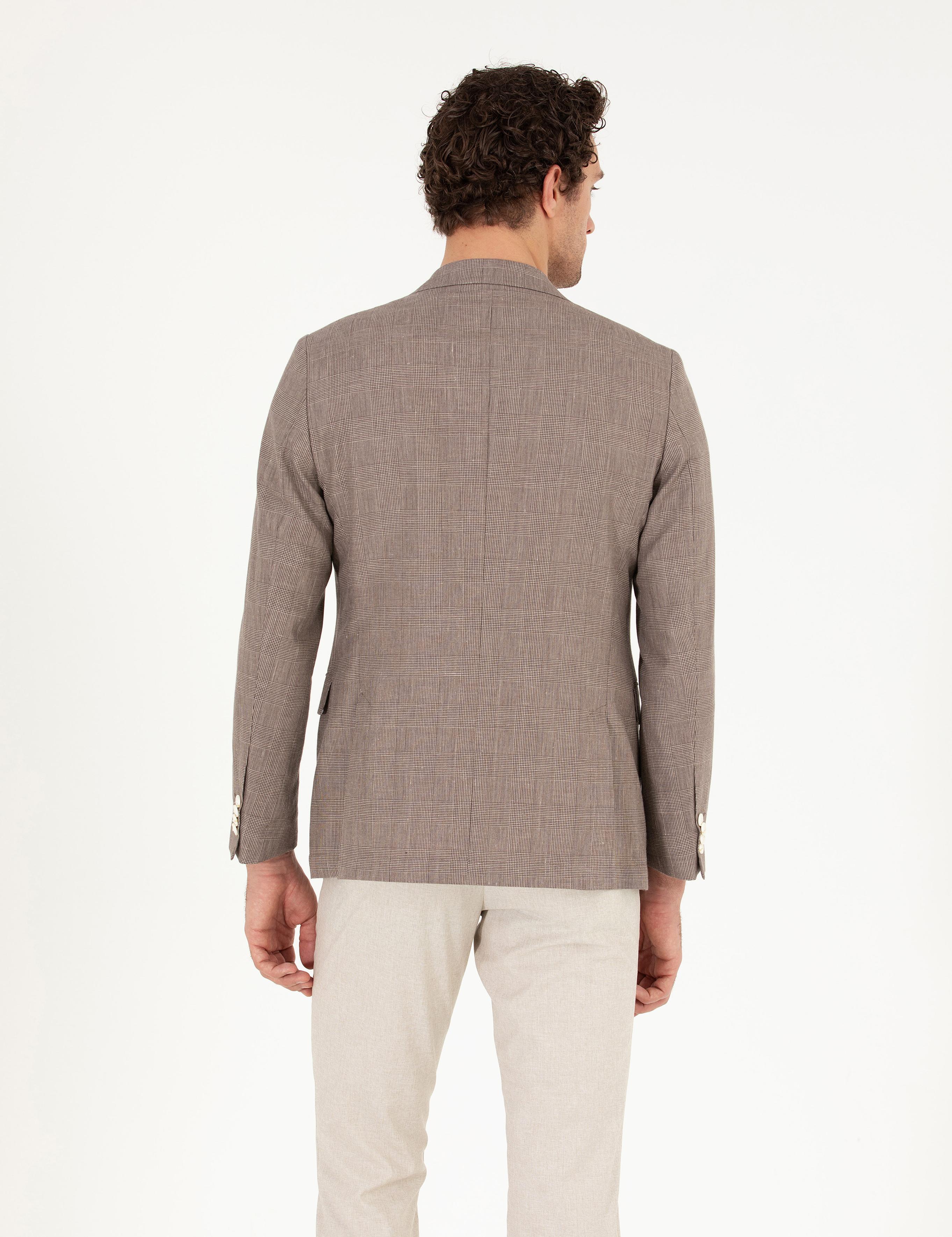 Kahverengi Slim Fit Keten Karışımlı Ceket - 50265204083